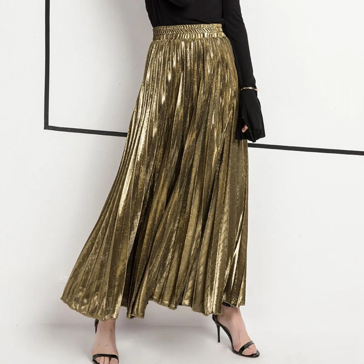 Gonna lunga a pieghe color oro Gonna lunga da donna Gonne lunghe color metallo oro Gonne da donna