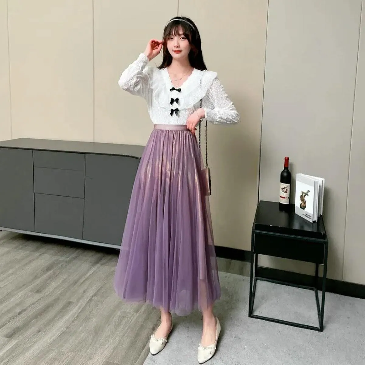Gonna maxi lunga in tulle blu viola gonna a pieghe primavera estate donna 2022 nuove gonne a linea A in rete a vita alta vintage