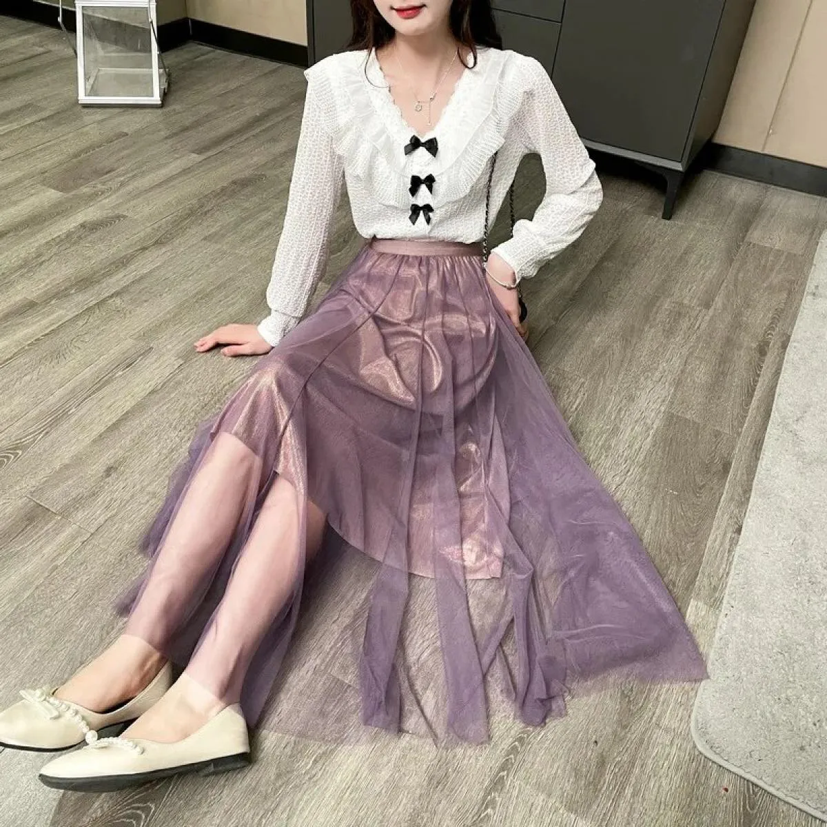 Gonna maxi lunga in tulle blu viola gonna a pieghe primavera estate donna 2022 nuove gonne a linea A in rete a vita alta vintage