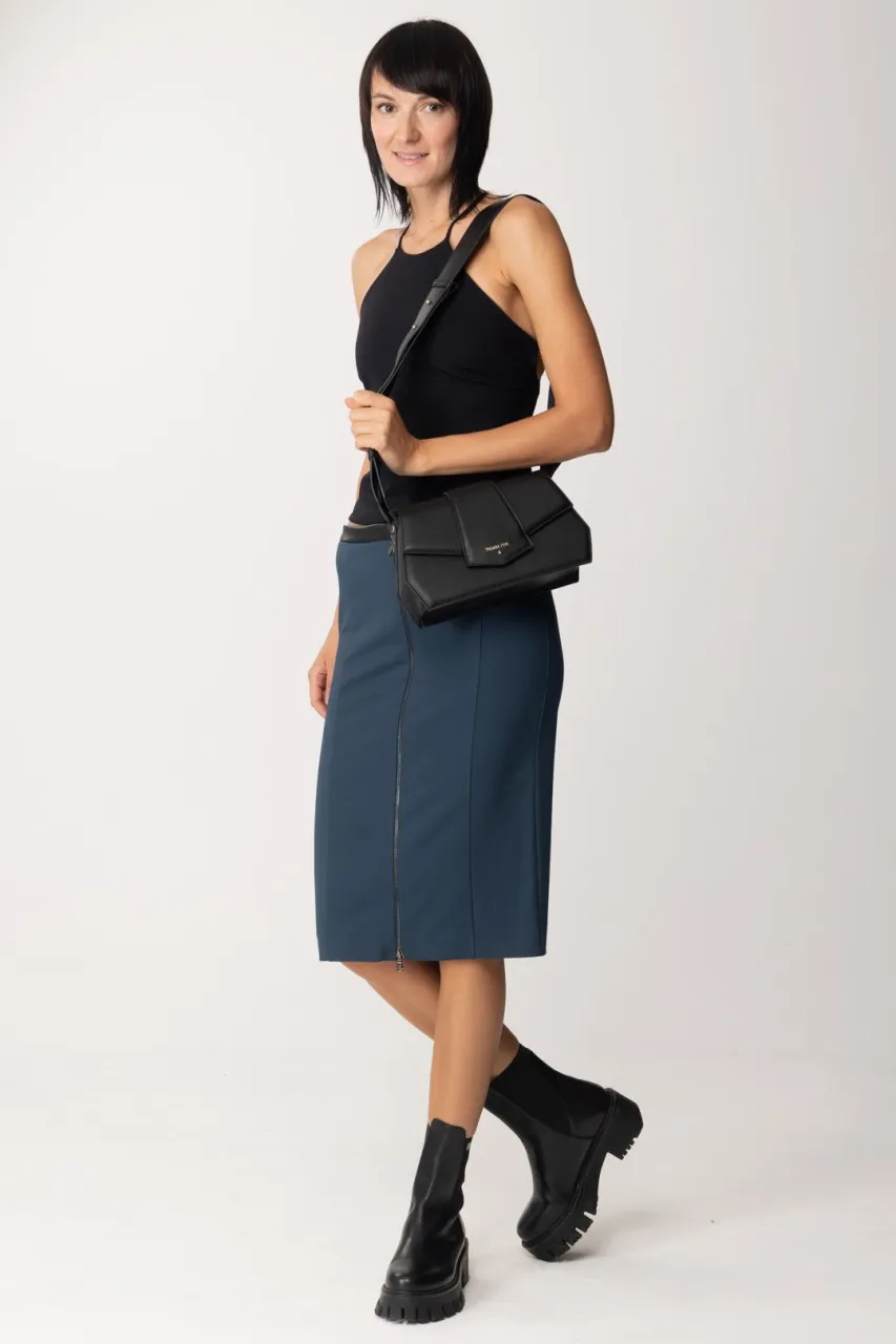 Gonna midi con inserto in pelle Petrol Blue