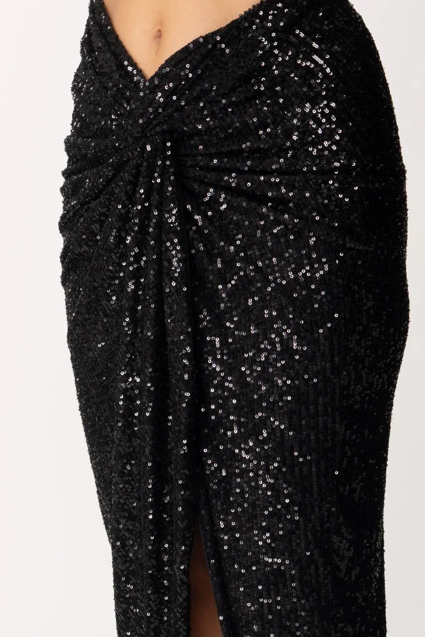 Gonna midi con nodo full paillettes Nero