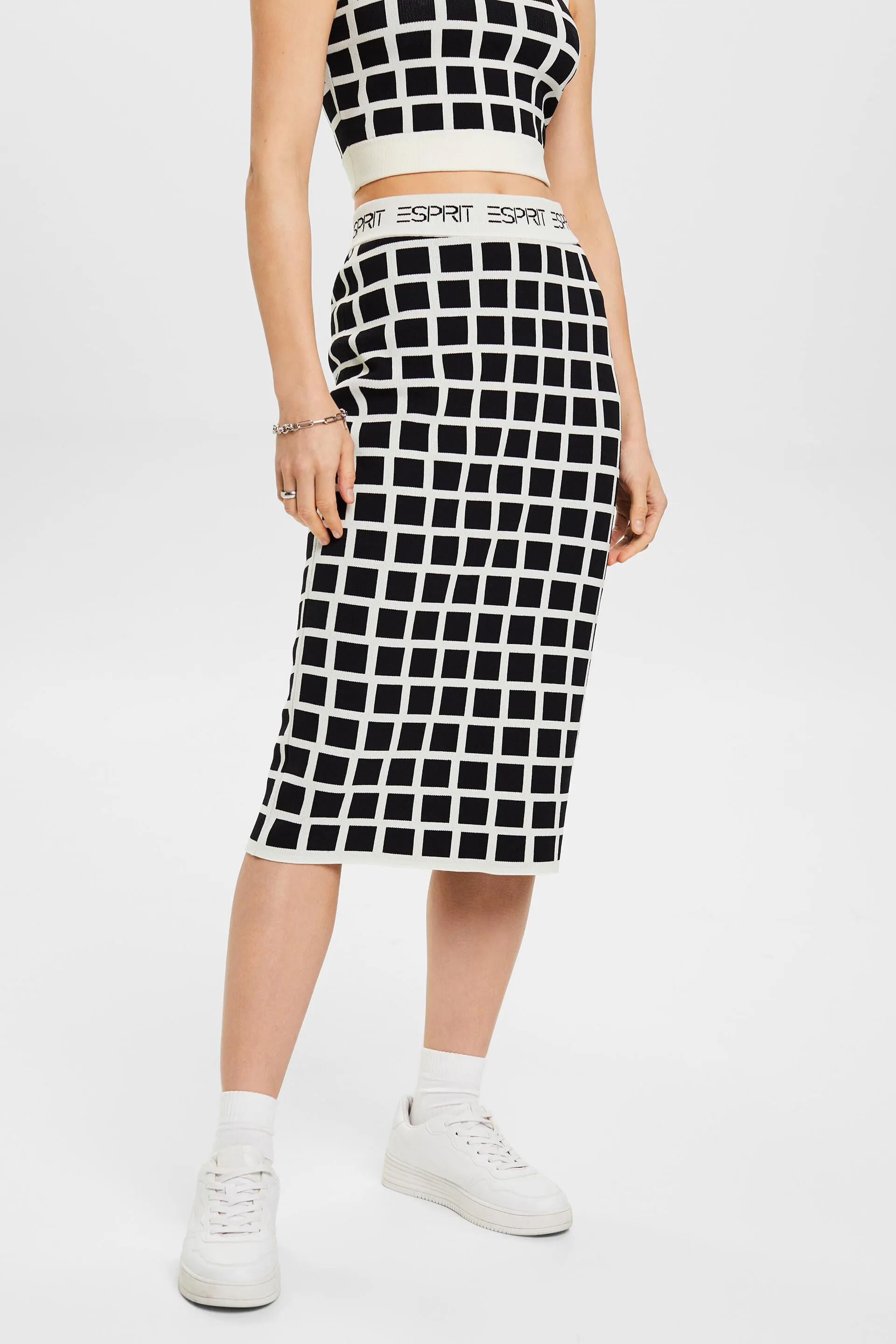 Gonna midi in maglia jacquard con logo