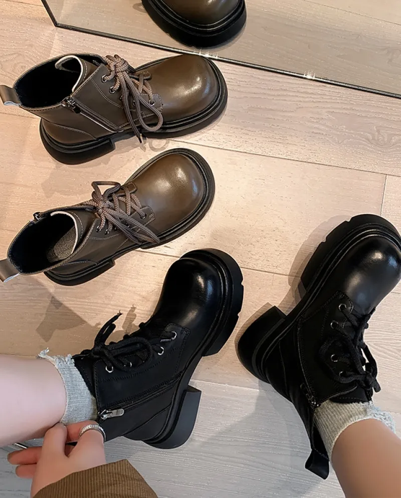 Ins Big Toe Martin Boots Nuovo colore retrò Fried Street Stivali corti con suola spessa da donna Cinturino incrociato Pelle bovi