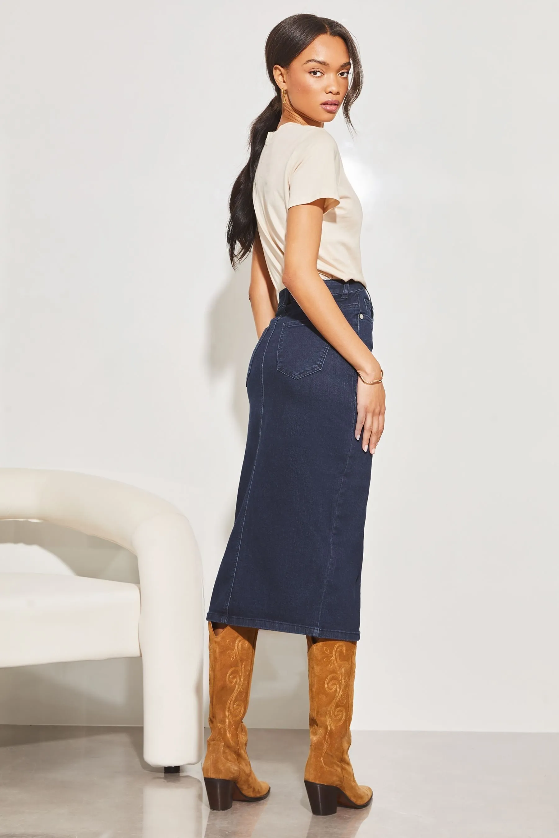 Lipsy Denim - Gonna midi a vita alta con spacco frontale