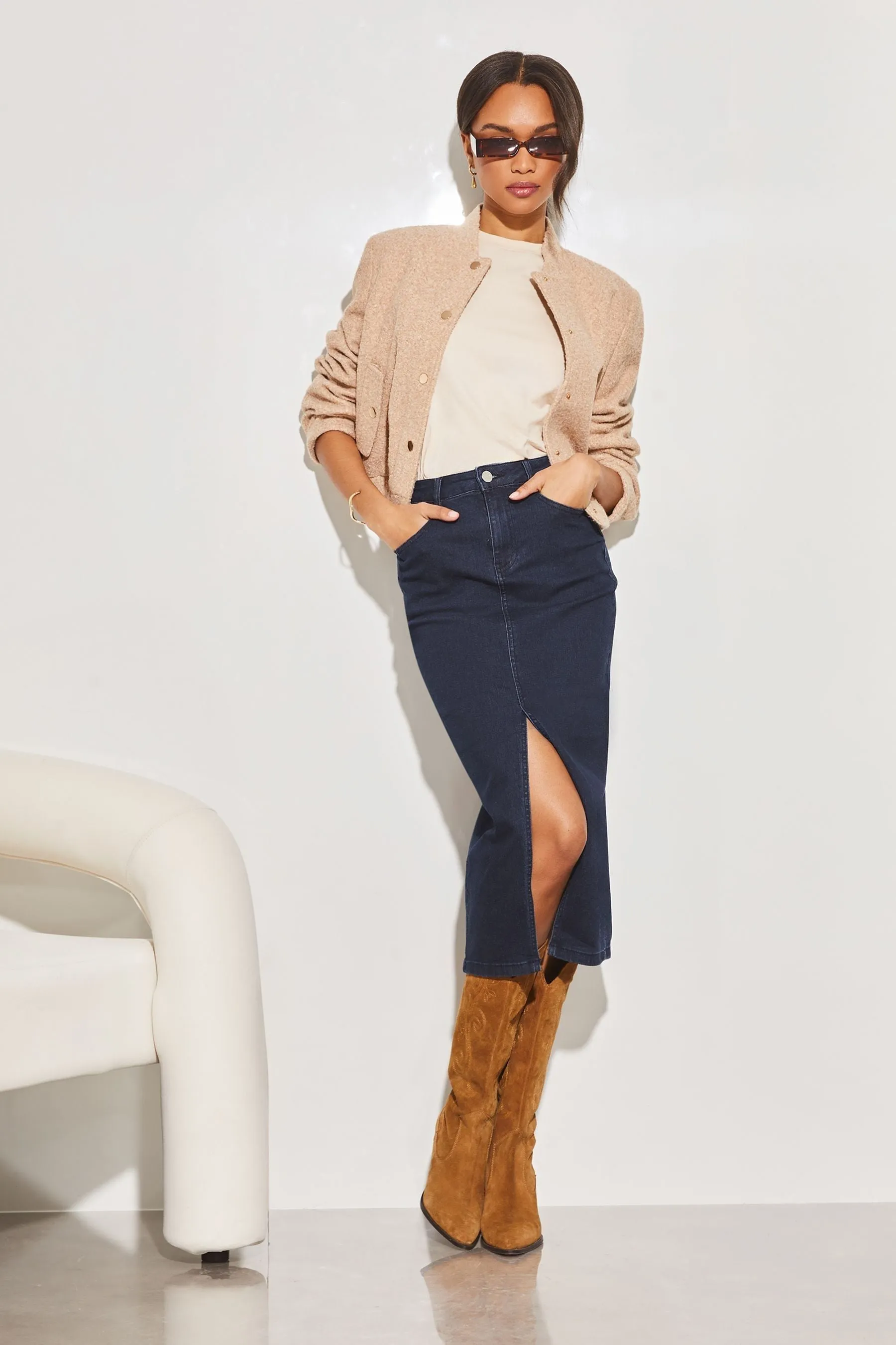 Lipsy Denim - Gonna midi a vita alta con spacco frontale