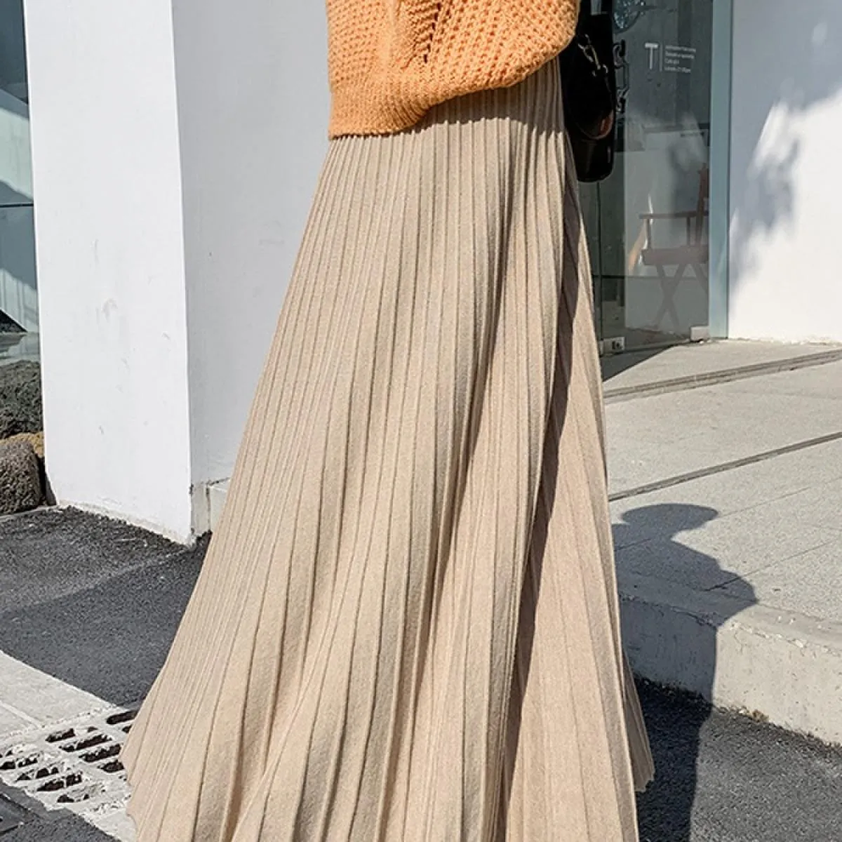 Maglieria Gonna lunga patchwork a vita alta per donna Gonne a pieghe Moda autunno sciolto arricciato maglia femminile lung