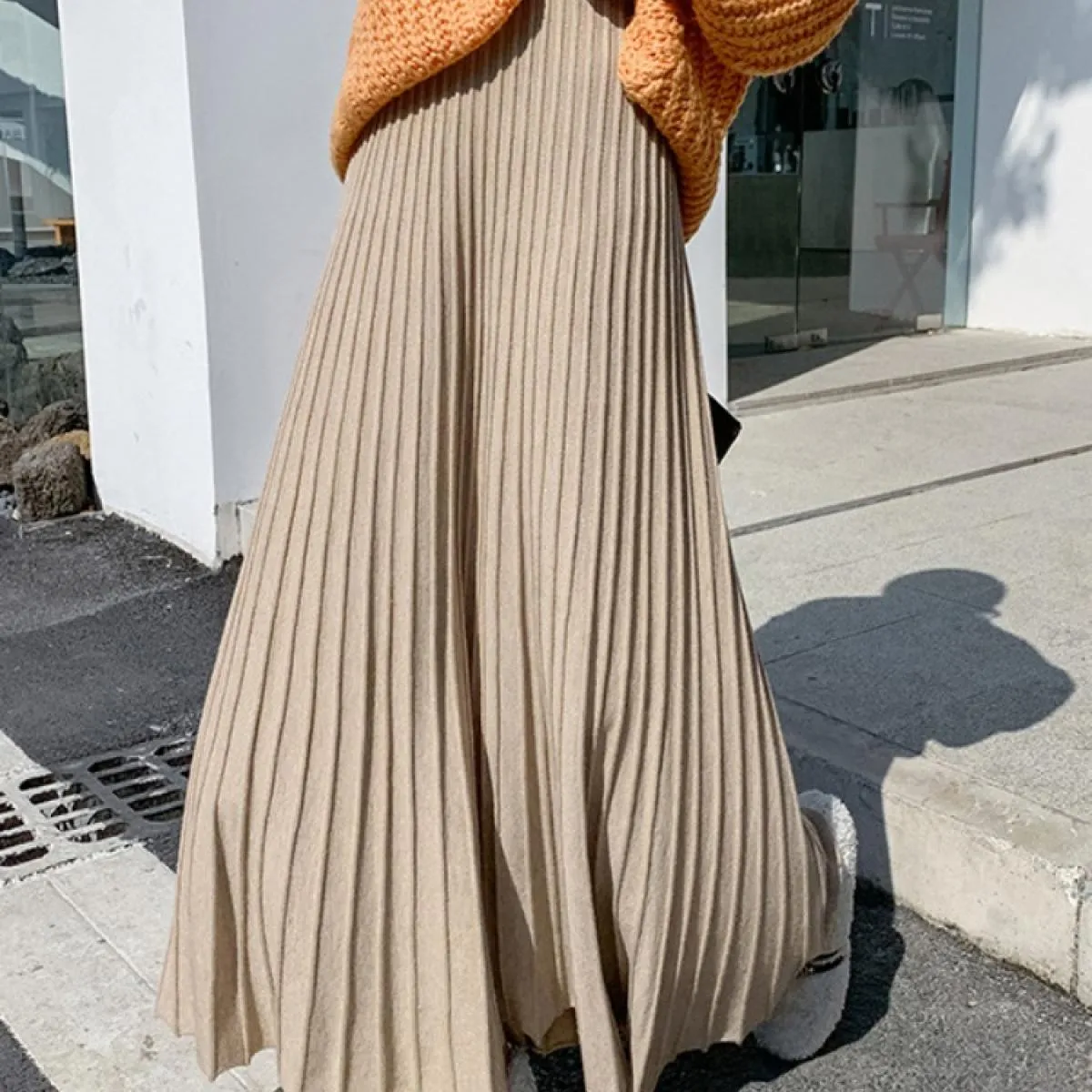 Maglieria Gonna lunga patchwork a vita alta per donna Gonne a pieghe Moda autunno sciolto arricciato maglia femminile lung