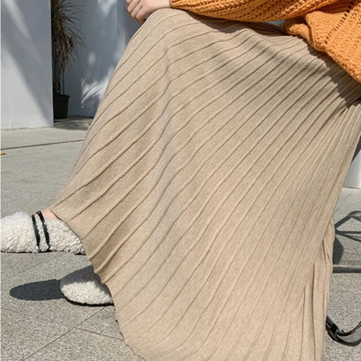 Maglieria Gonna lunga patchwork a vita alta per donna Gonne a pieghe Moda autunno sciolto arricciato maglia femminile lung