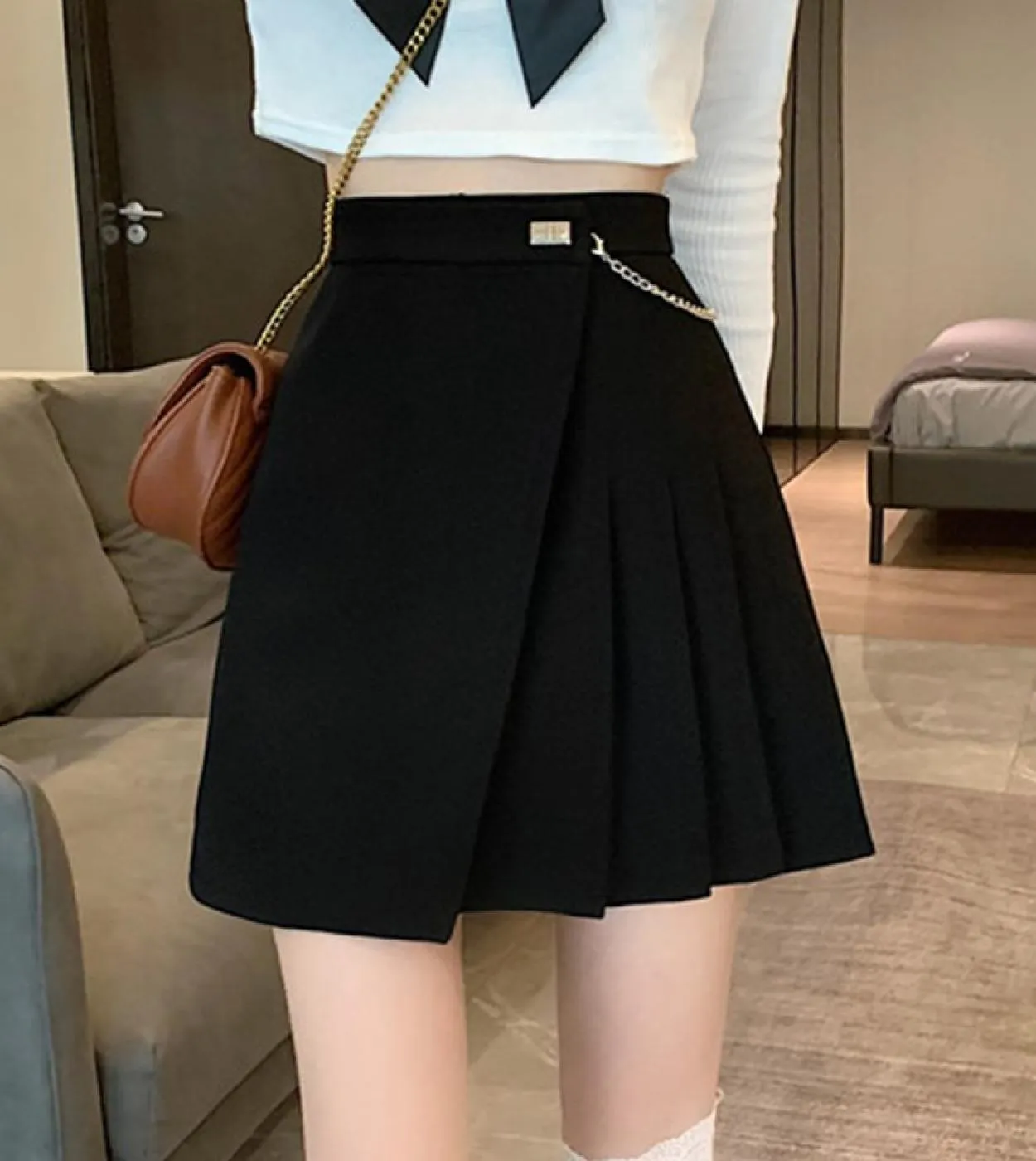 Minigonne a vita alta da donna New 2023 Style Streetwear All Match Tinta unita Gonna corta a pieghe da donna