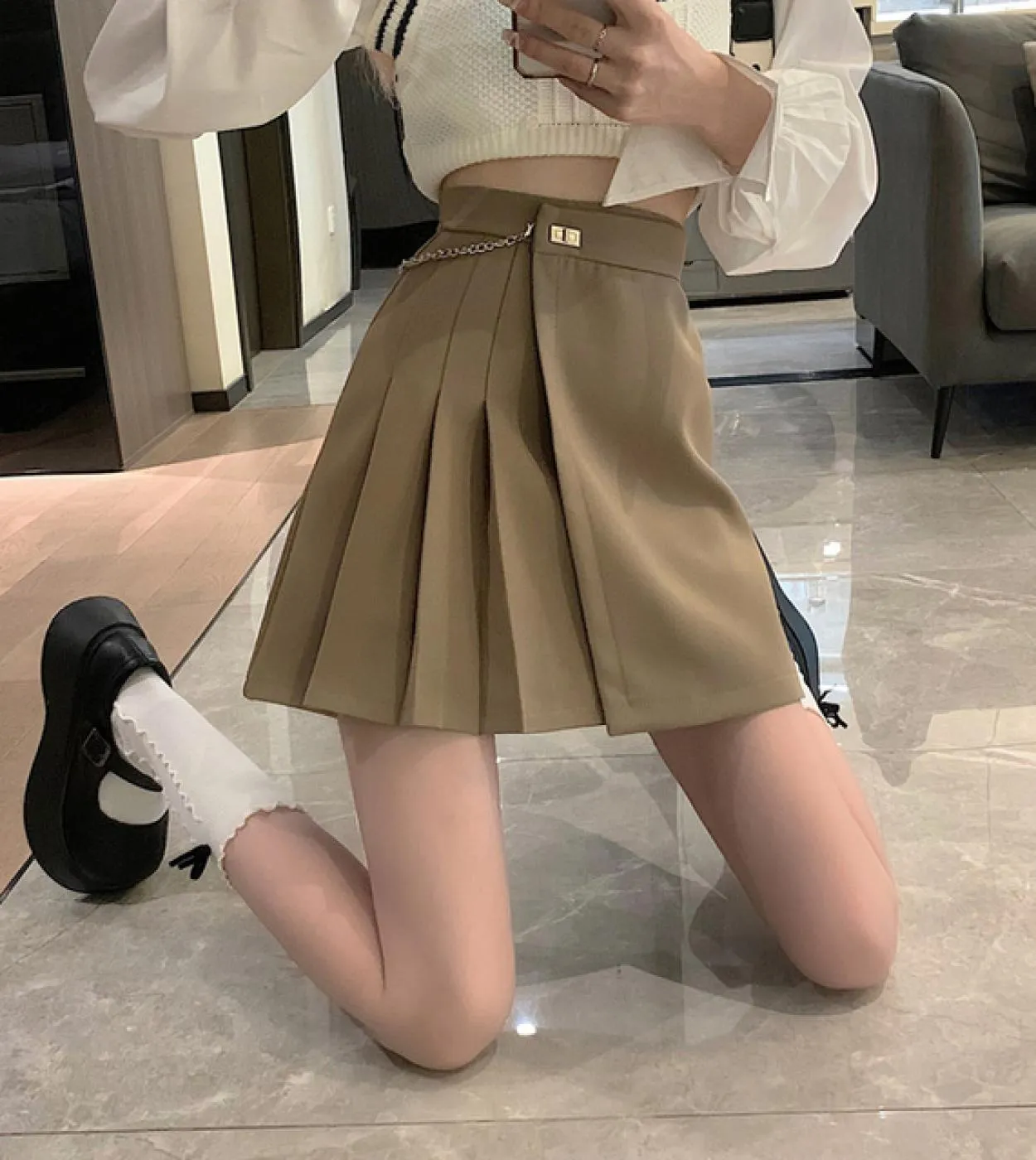 Minigonne a vita alta da donna New 2023 Style Streetwear All Match Tinta unita Gonna corta a pieghe da donna