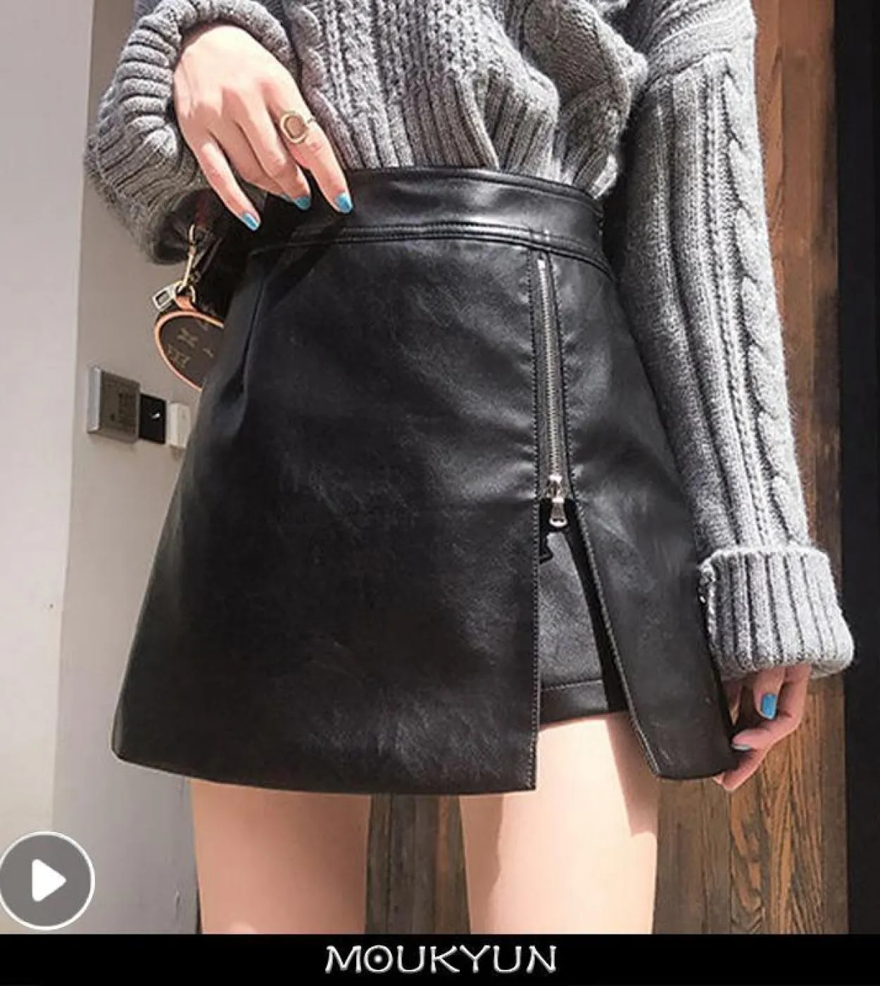 Moukyun Gonna in pelle con cerniera beige Donna Mini pantaloncini Gonne per donna Gonna a tubino invernale in PU a vita alta Fem