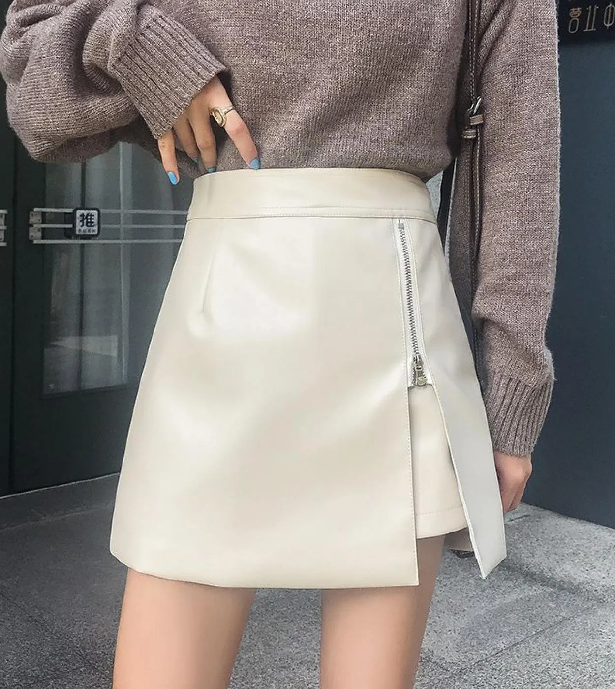 Moukyun Gonna in pelle con cerniera beige Donna Mini pantaloncini Gonne per donna Gonna a tubino invernale in PU a vita alta Fem