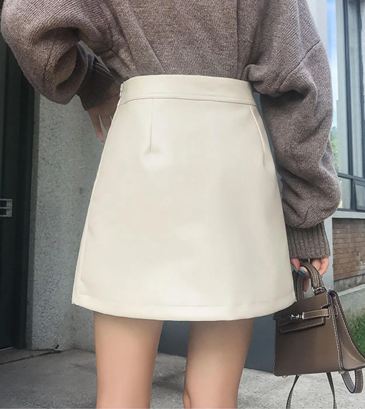 Moukyun Gonna in pelle con cerniera beige Donna Mini pantaloncini Gonne per donna Gonna a tubino invernale in PU a vita alta Fem