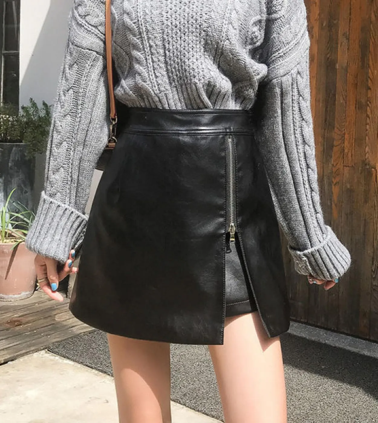Moukyun Gonna in pelle con cerniera beige Donna Mini pantaloncini Gonne per donna Gonna a tubino invernale in PU a vita alta Fem