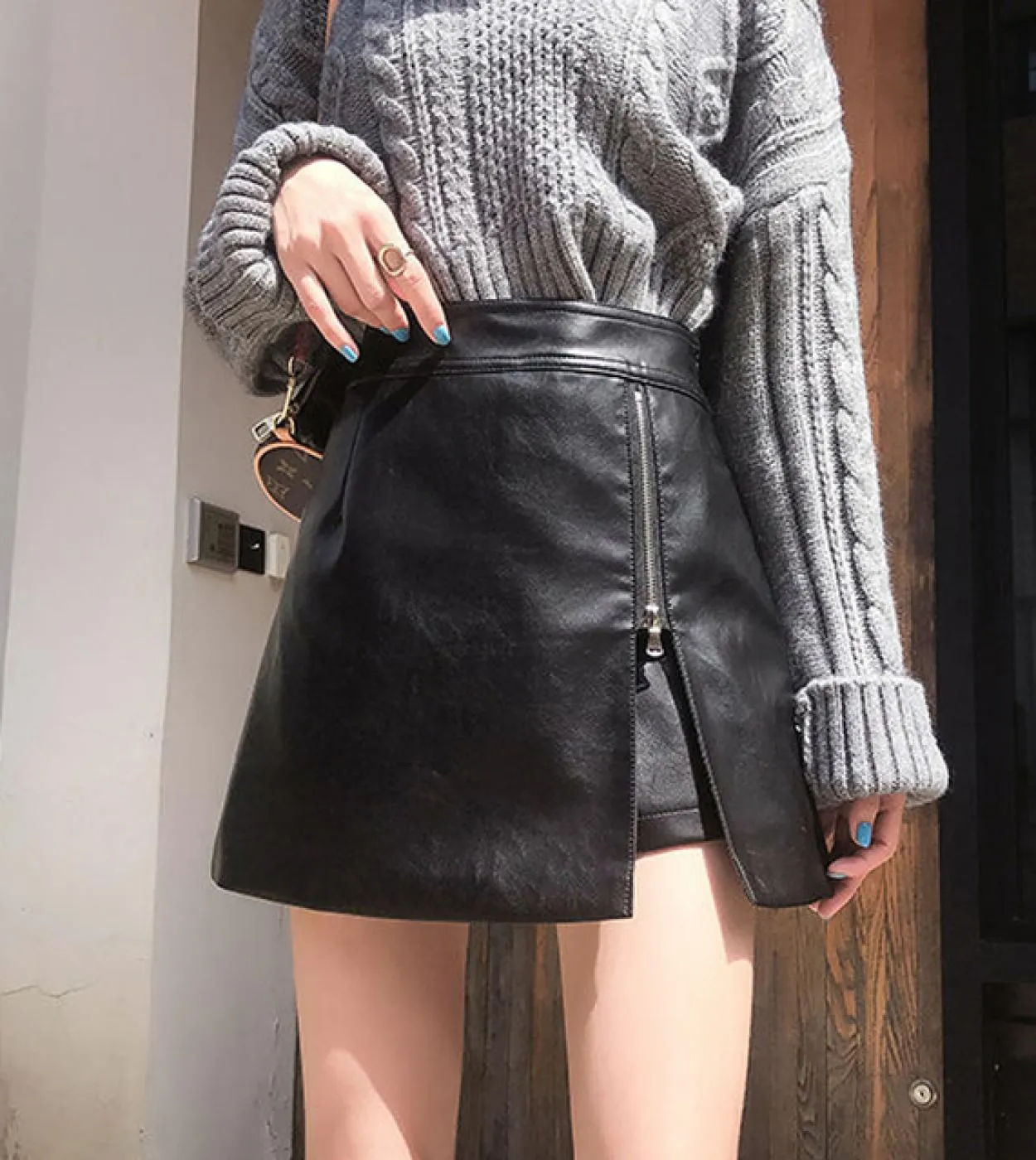 Moukyun Gonna in pelle con cerniera beige Donna Mini pantaloncini Gonne per donna Gonna a tubino invernale in PU a vita alta Fem