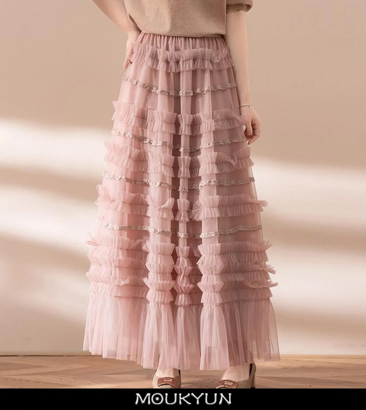 Moukyun Long Maxi Gonna a pieghe in tulle a pieghe Moda donna 3 strati Maglia a vita alta Una gonna a trapezio Donna Faldas