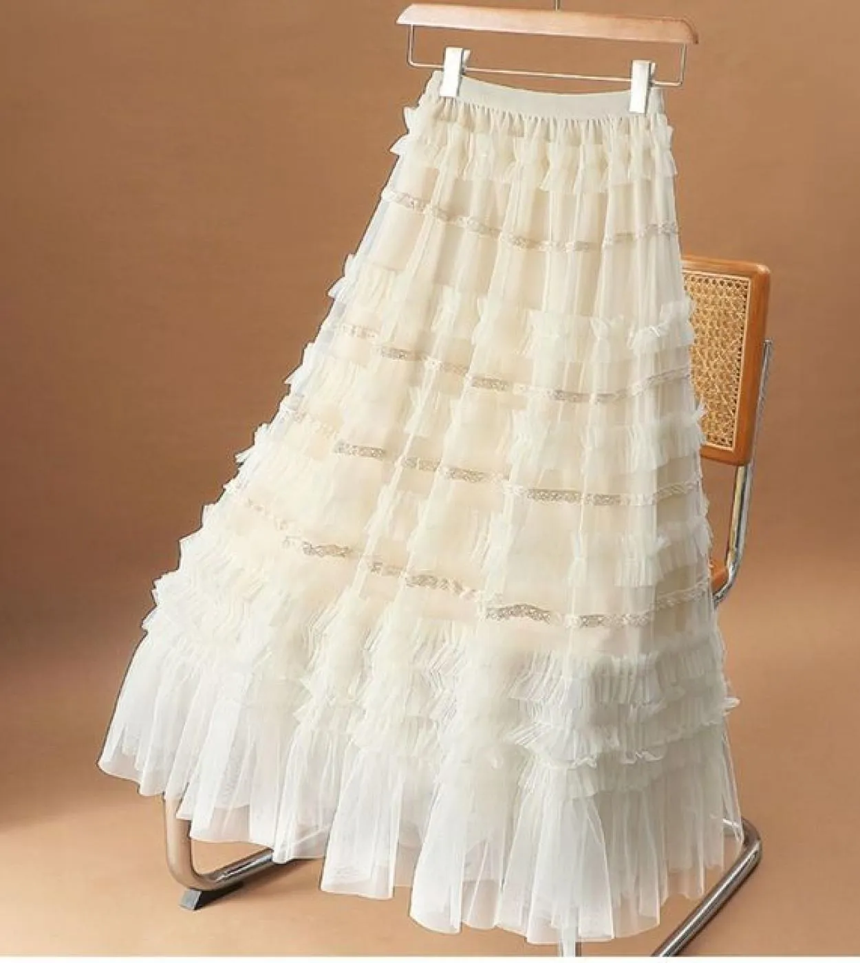 Moukyun Long Maxi Gonna a pieghe in tulle a pieghe Moda donna 3 strati Maglia a vita alta Una gonna a trapezio Donna Faldas