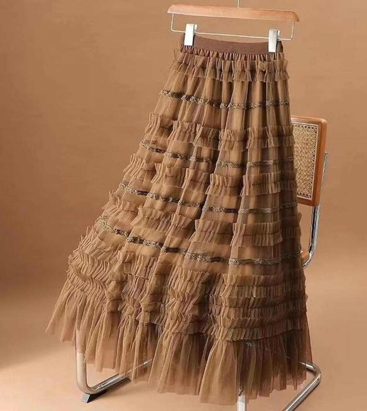 Moukyun Long Maxi Gonna a pieghe in tulle a pieghe Moda donna 3 strati Maglia a vita alta Una gonna a trapezio Donna Faldas