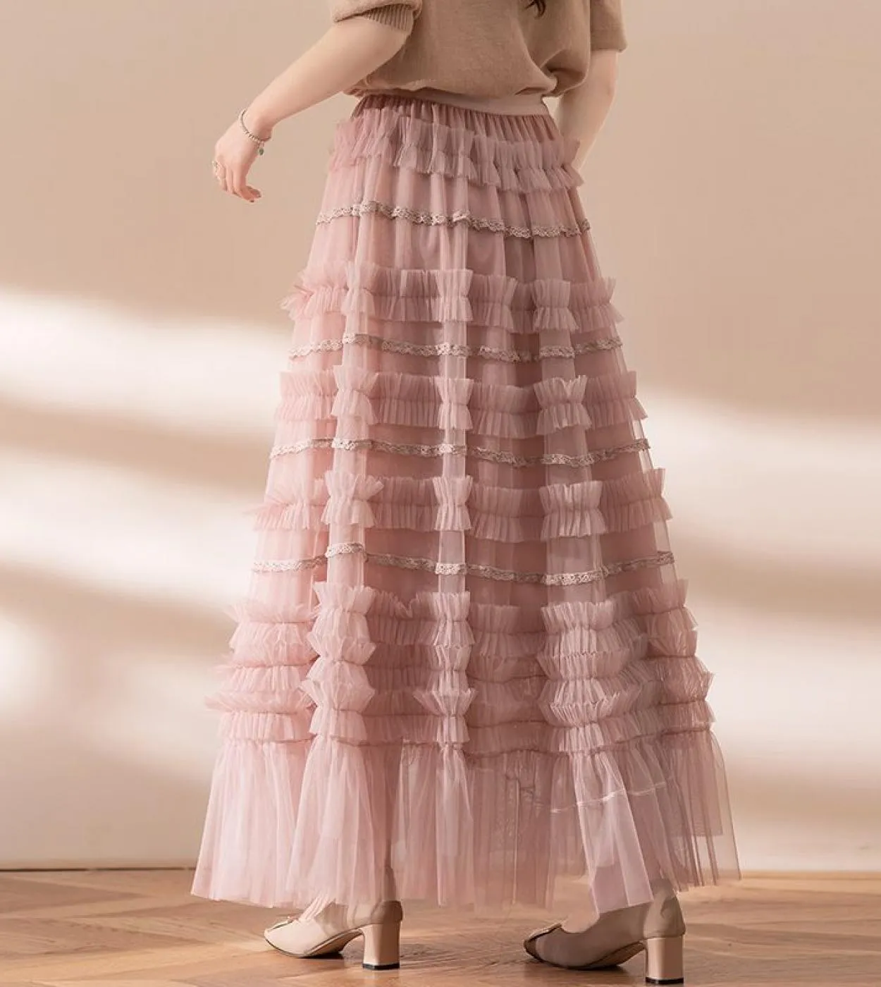 Moukyun Long Maxi Gonna a pieghe in tulle a pieghe Moda donna 3 strati Maglia a vita alta Una gonna a trapezio Donna Faldas