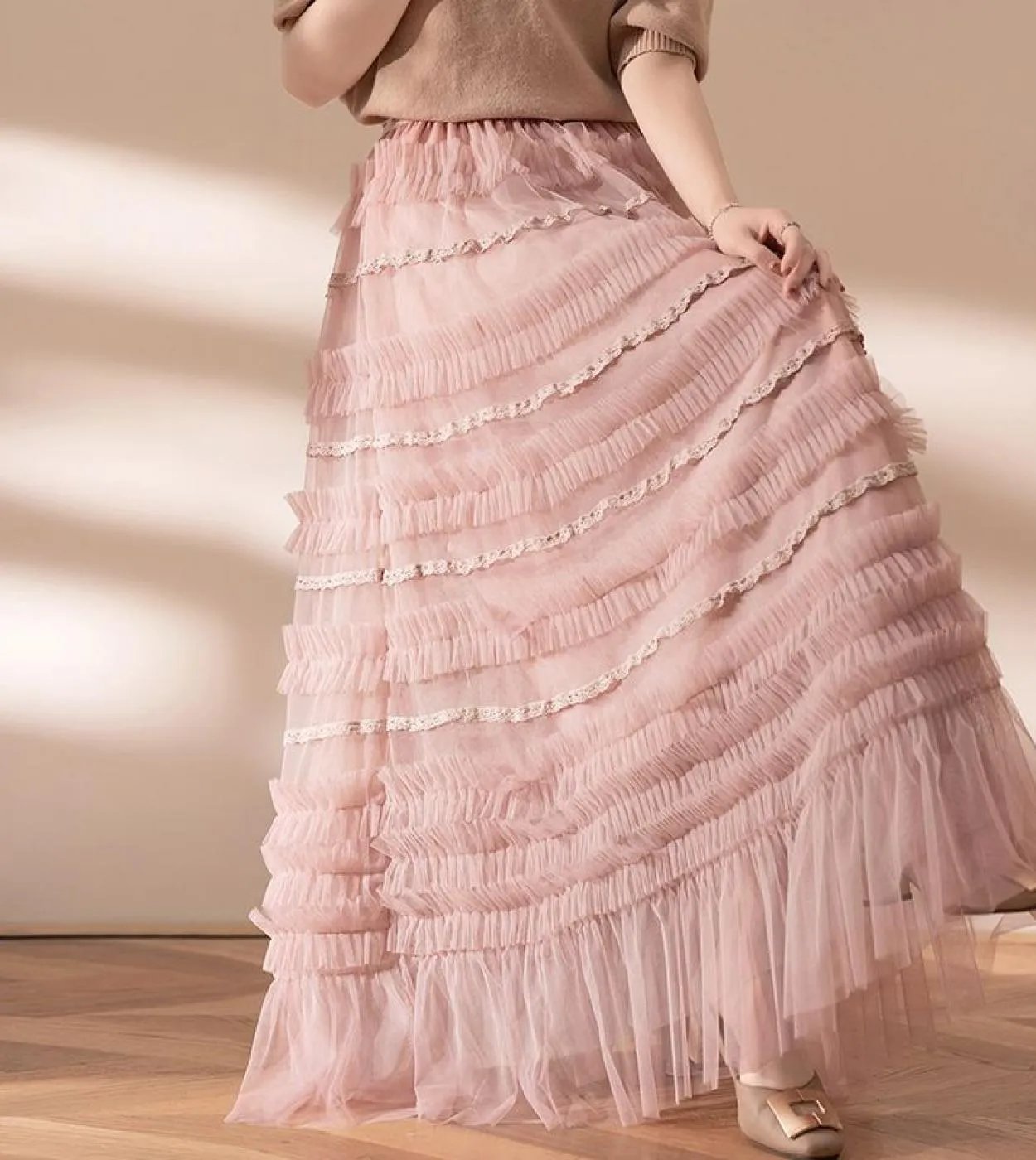 Moukyun Long Maxi Gonna a pieghe in tulle a pieghe Moda donna 3 strati Maglia a vita alta Una gonna a trapezio Donna Faldas