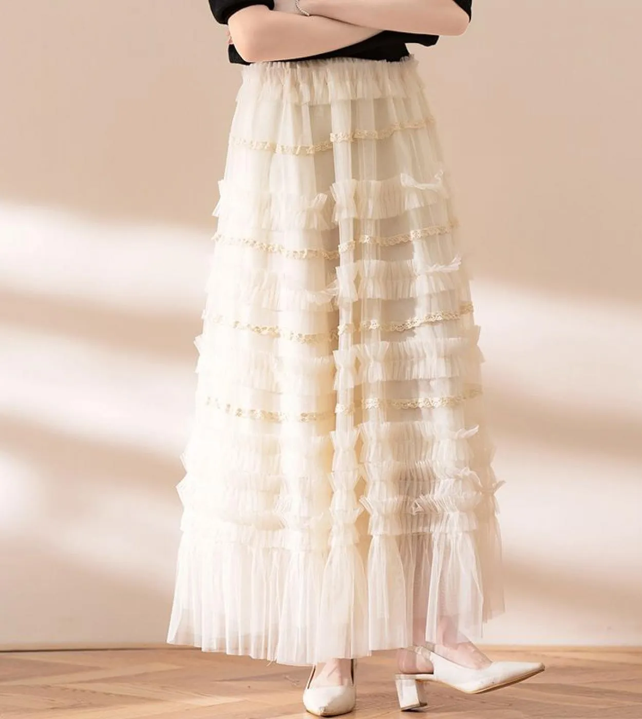 Moukyun Long Maxi Gonna a pieghe in tulle a pieghe Moda donna 3 strati Maglia a vita alta Una gonna a trapezio Donna Faldas