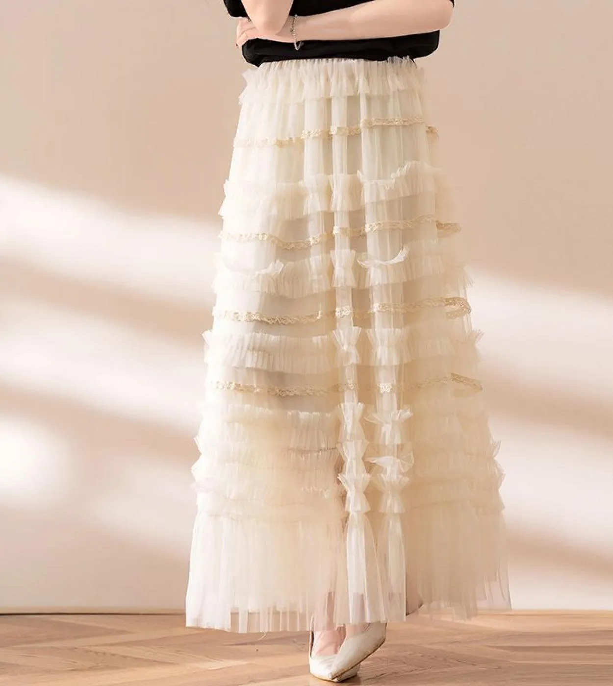 Moukyun Long Maxi Gonna a pieghe in tulle a pieghe Moda donna 3 strati Maglia a vita alta Una gonna a trapezio Donna Faldas