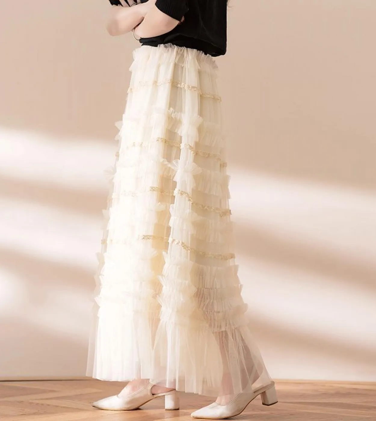 Moukyun Long Maxi Gonna a pieghe in tulle a pieghe Moda donna 3 strati Maglia a vita alta Una gonna a trapezio Donna Faldas