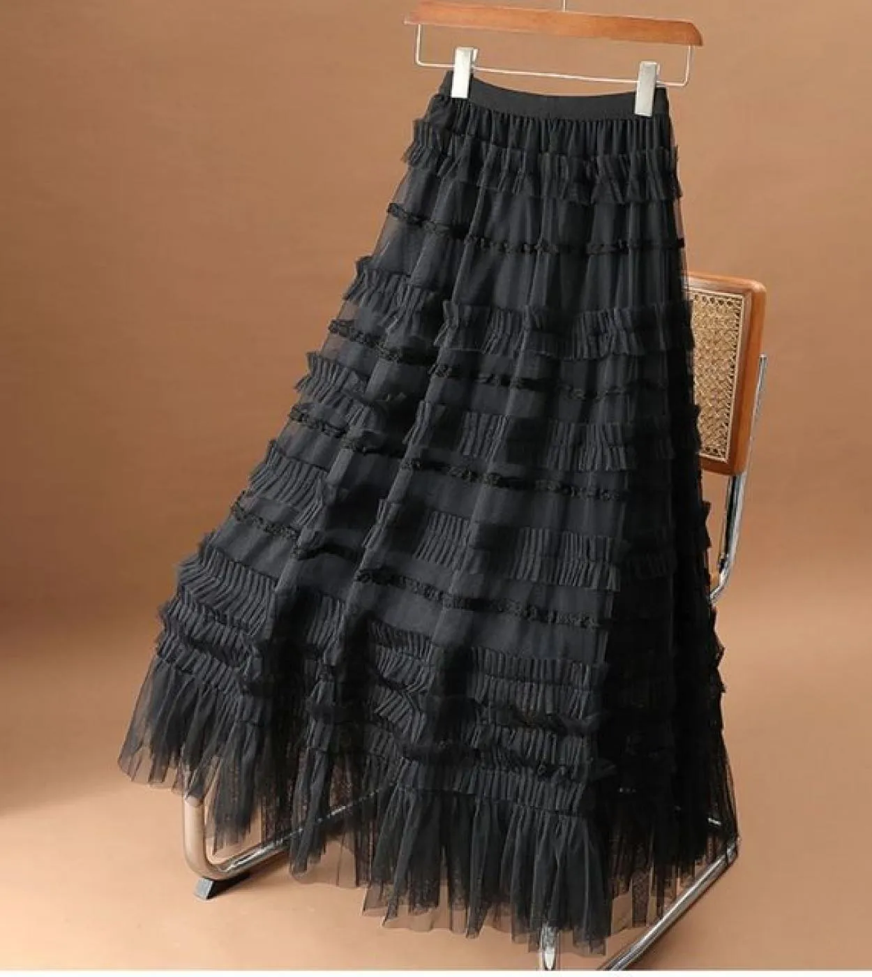 Moukyun Long Maxi Gonna a pieghe in tulle a pieghe Moda donna 3 strati Maglia a vita alta Una gonna a trapezio Donna Faldas
