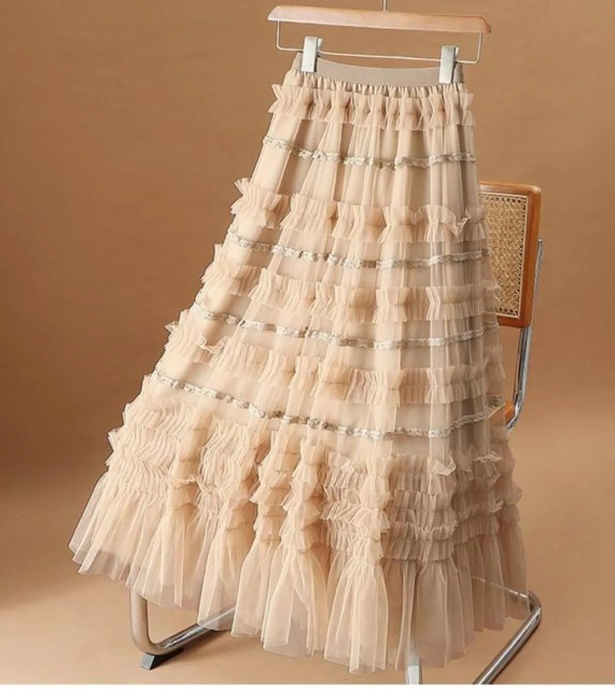 Moukyun Long Maxi Gonna a pieghe in tulle a pieghe Moda donna 3 strati Maglia a vita alta Una gonna a trapezio Donna Faldas