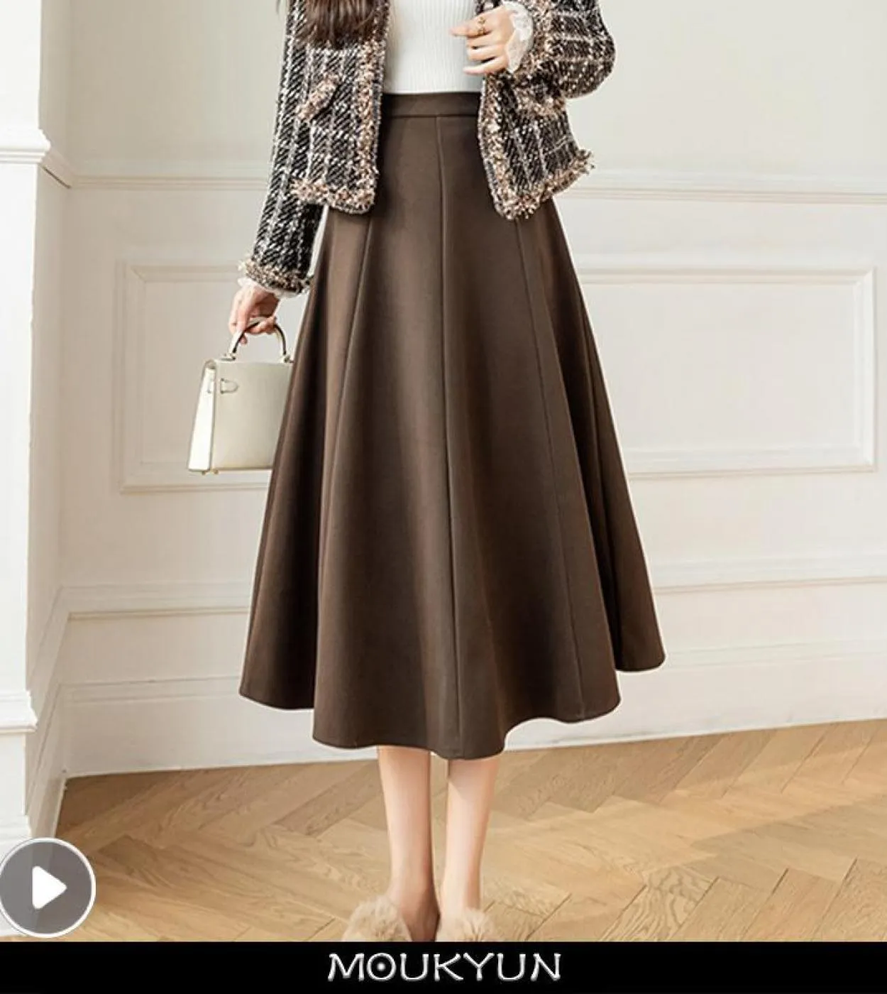 Moukyun Vintage Lana A Line Gonna Autunno Donna Vita alta Elegante Lana Midi Gonne Moda Ombrello a pieghe Gonne