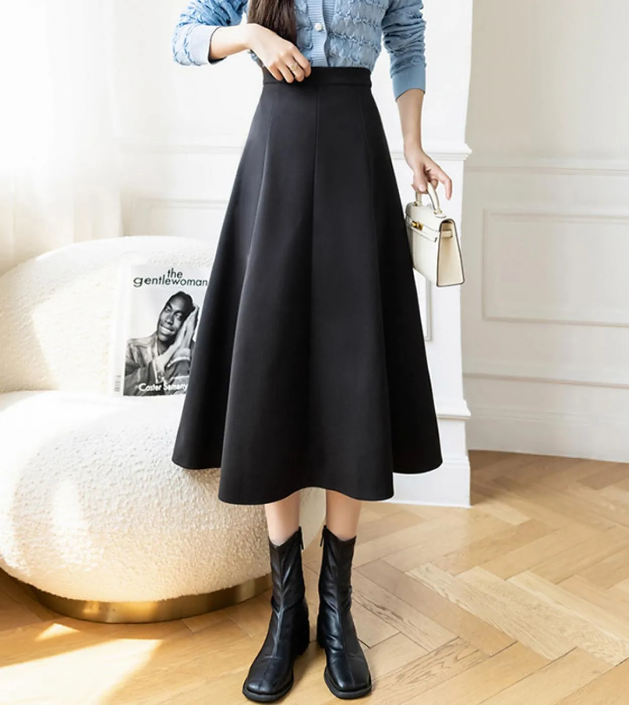 Moukyun Vintage Lana A Line Gonna Autunno Donna Vita alta Elegante Lana Midi Gonne Moda Ombrello a pieghe Gonne