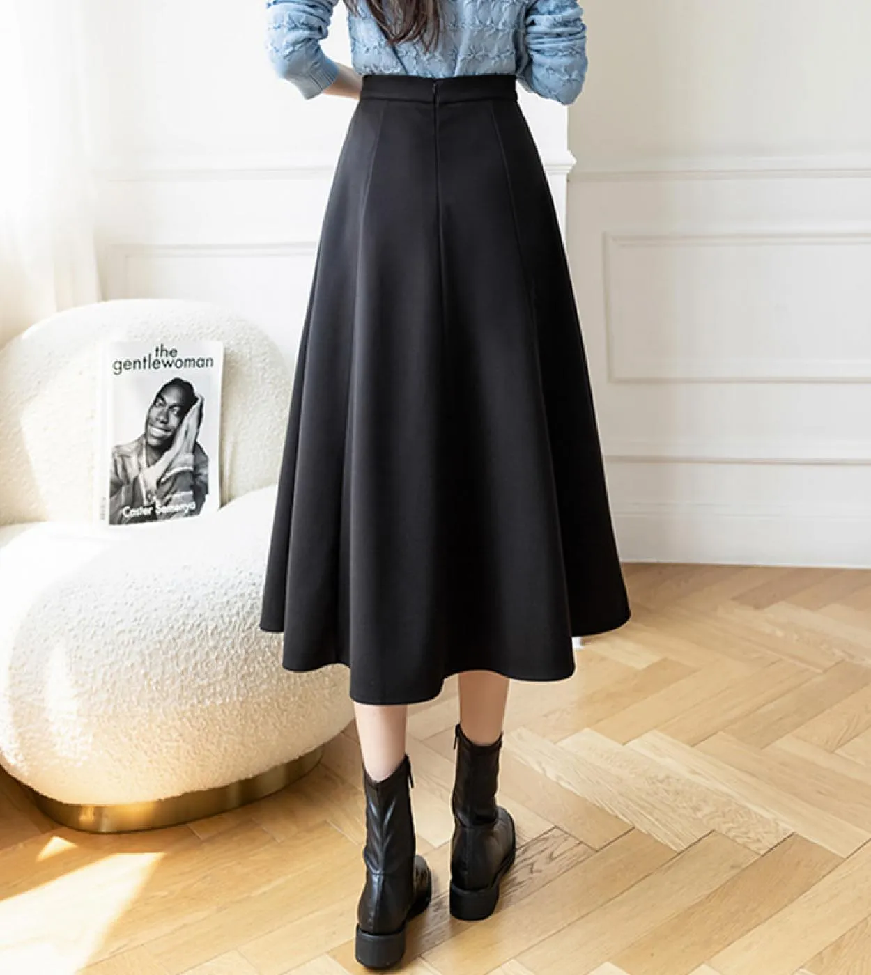 Moukyun Vintage Lana A Line Gonna Autunno Donna Vita alta Elegante Lana Midi Gonne Moda Ombrello a pieghe Gonne