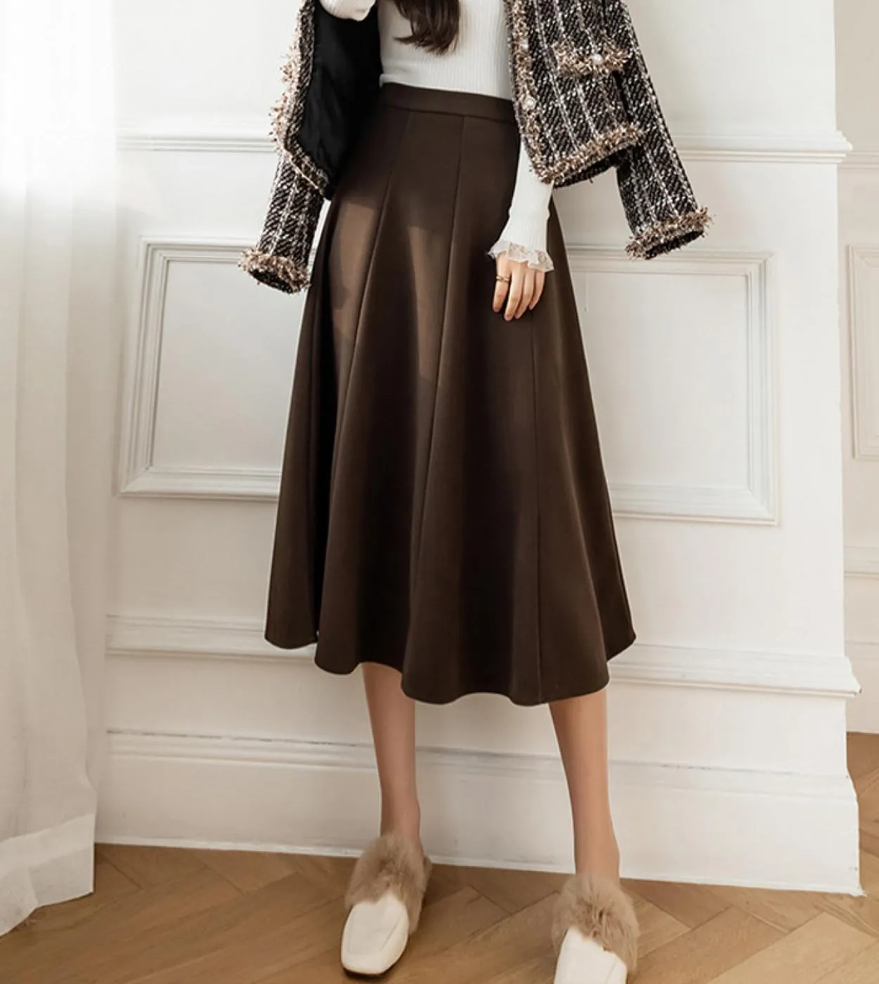 Moukyun Vintage Lana A Line Gonna Autunno Donna Vita alta Elegante Lana Midi Gonne Moda Ombrello a pieghe Gonne