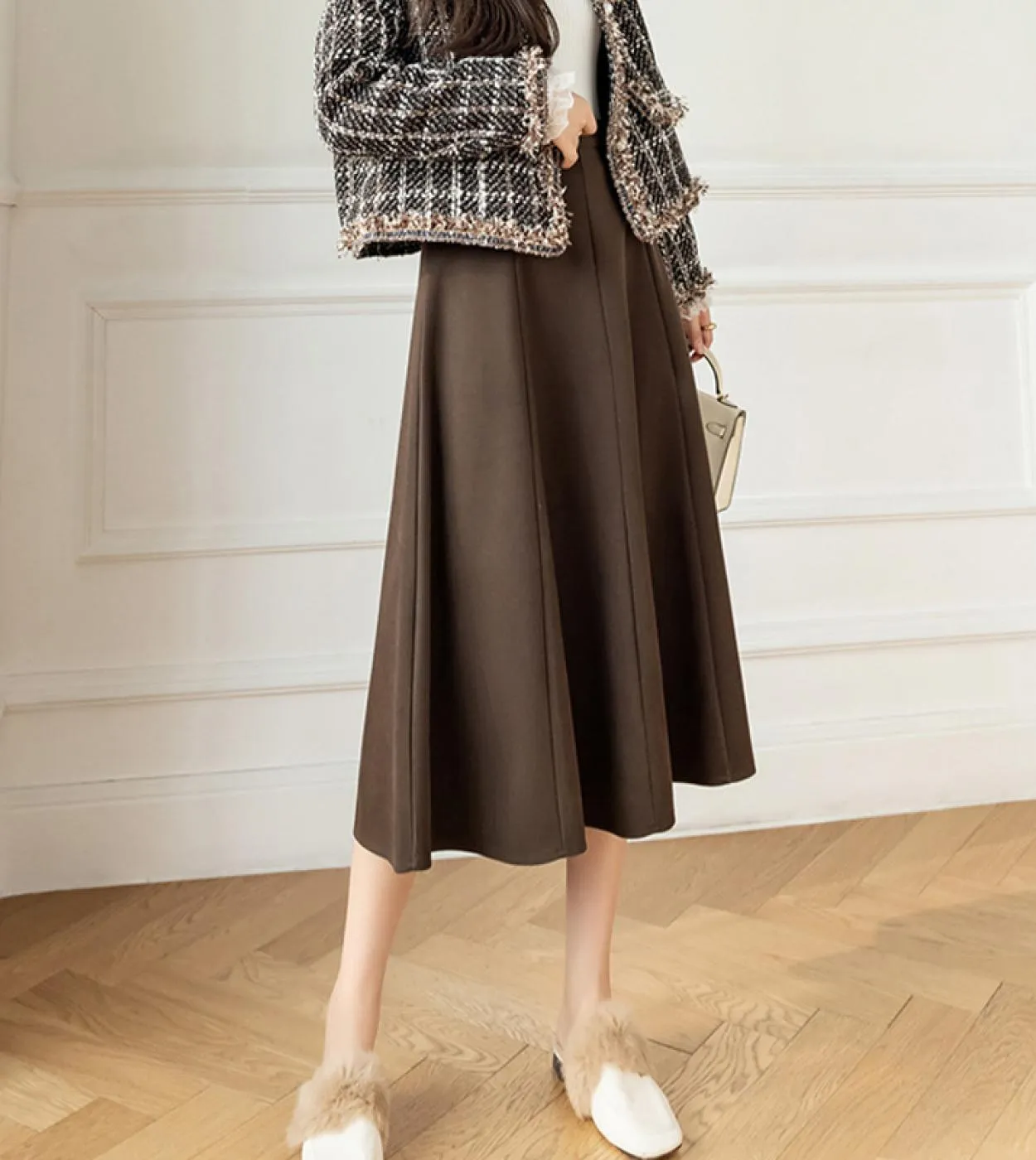 Moukyun Vintage Lana A Line Gonna Autunno Donna Vita alta Elegante Lana Midi Gonne Moda Ombrello a pieghe Gonne