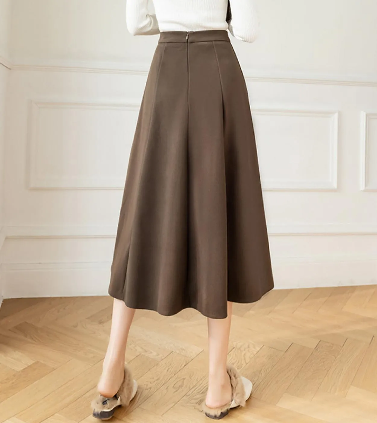 Moukyun Vintage Lana A Line Gonna Autunno Donna Vita alta Elegante Lana Midi Gonne Moda Ombrello a pieghe Gonne