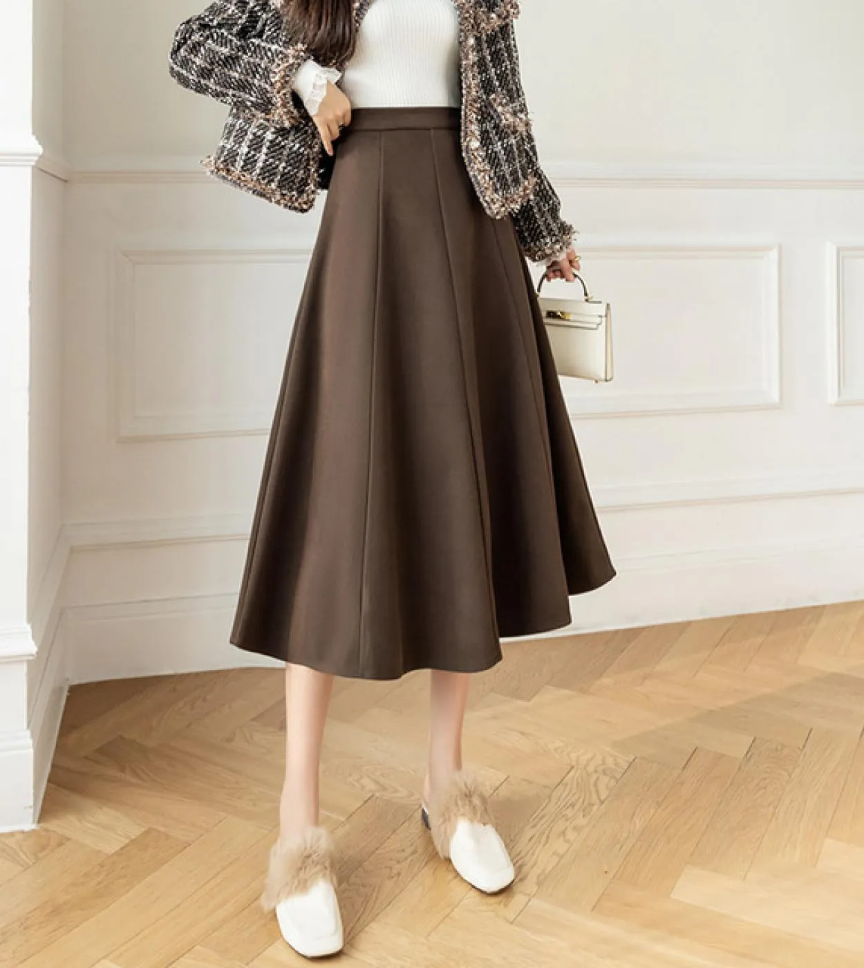 Moukyun Vintage Lana A Line Gonna Autunno Donna Vita alta Elegante Lana Midi Gonne Moda Ombrello a pieghe Gonne