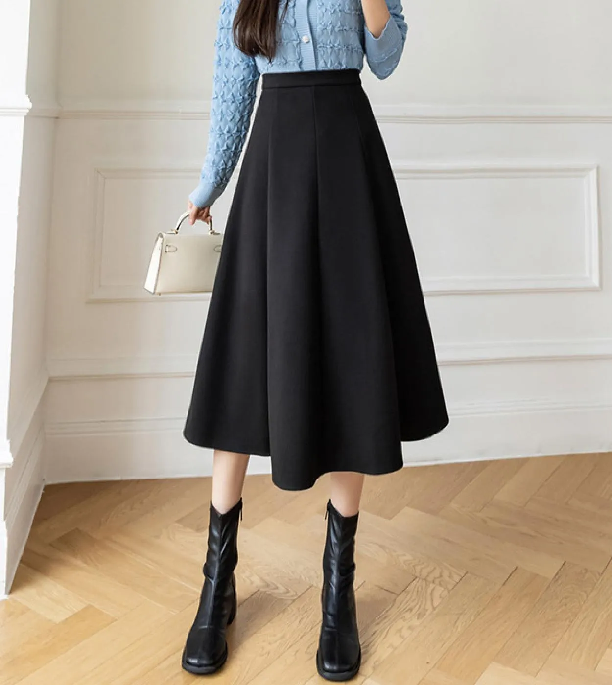 Moukyun Vintage Lana A Line Gonna Autunno Donna Vita alta Elegante Lana Midi Gonne Moda Ombrello a pieghe Gonne