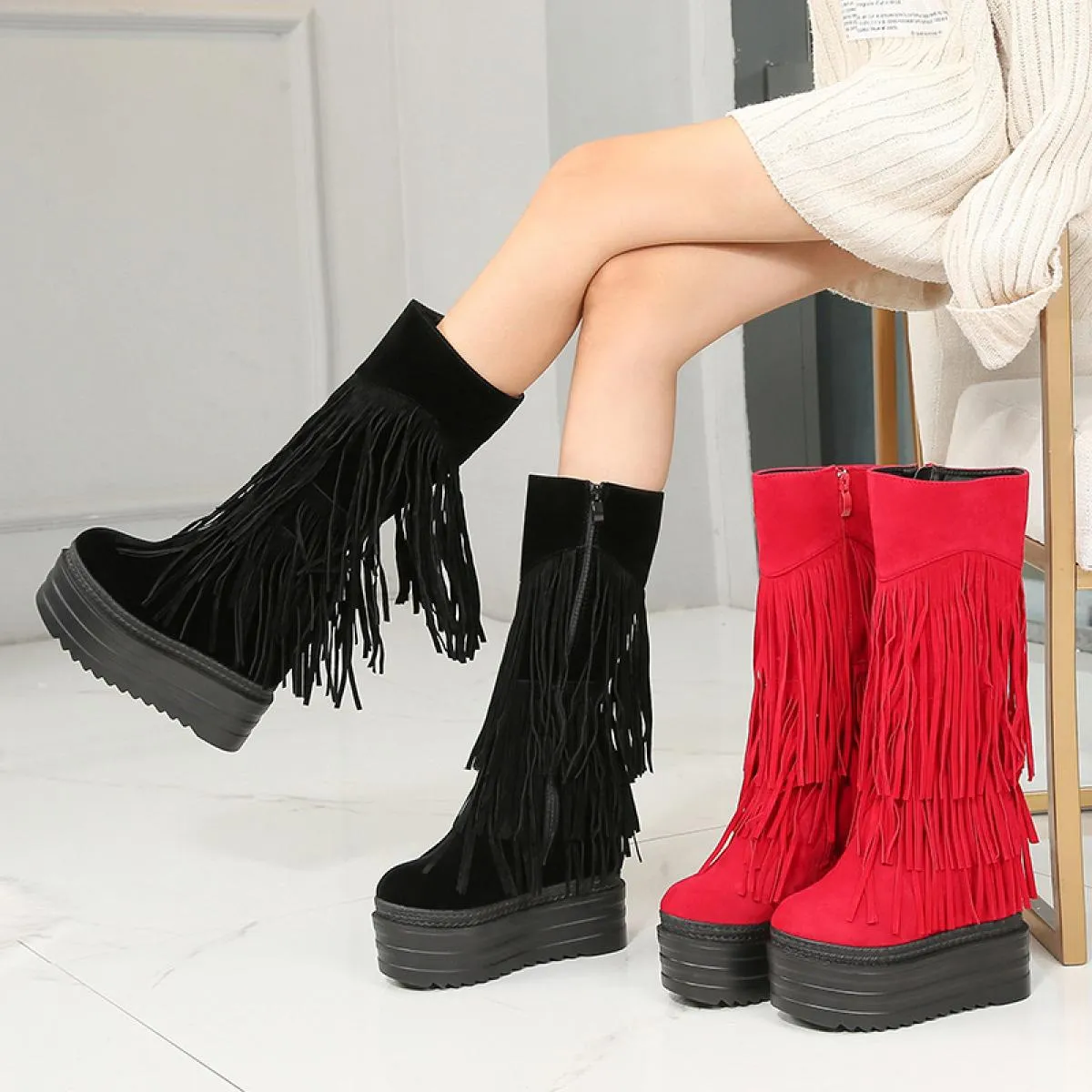 Nightclub Tubo da Stufa con Frange Stivali da Donna 2022 Inverno 13 Centimetri di Spessore Suola Aumento All'interno Del Tubo Ce