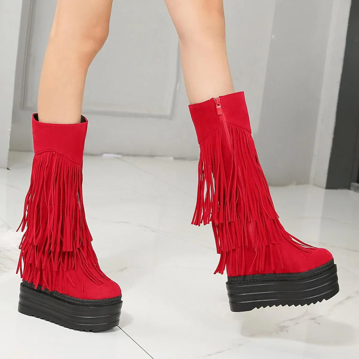 Nightclub Tubo da Stufa con Frange Stivali da Donna 2022 Inverno 13 Centimetri di Spessore Suola Aumento All'interno Del Tubo Ce