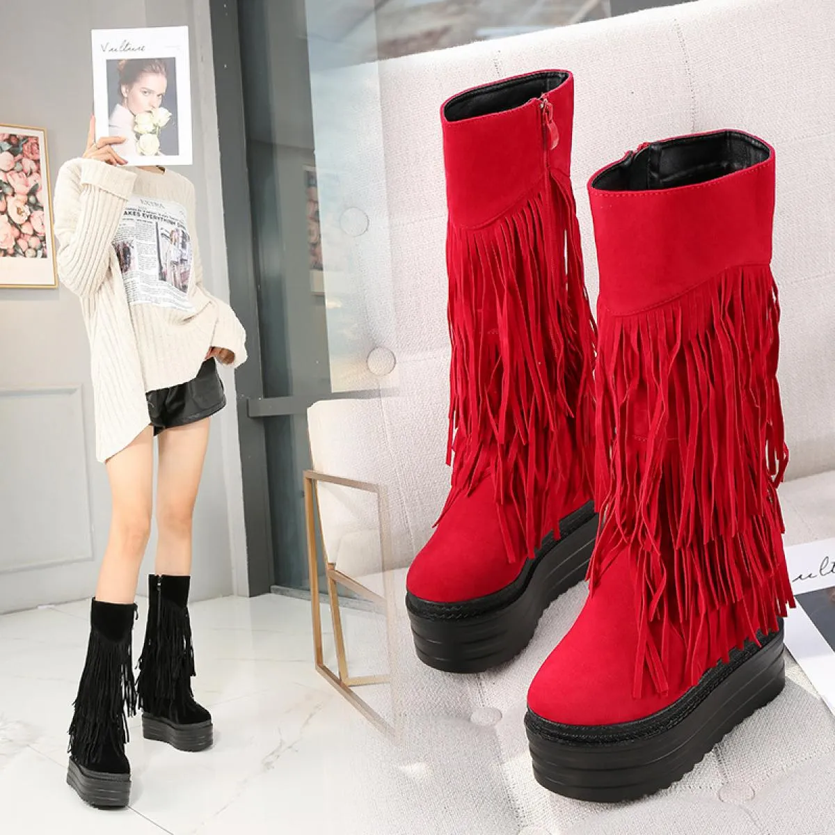Nightclub Tubo da Stufa con Frange Stivali da Donna 2022 Inverno 13 Centimetri di Spessore Suola Aumento All'interno Del Tubo Ce