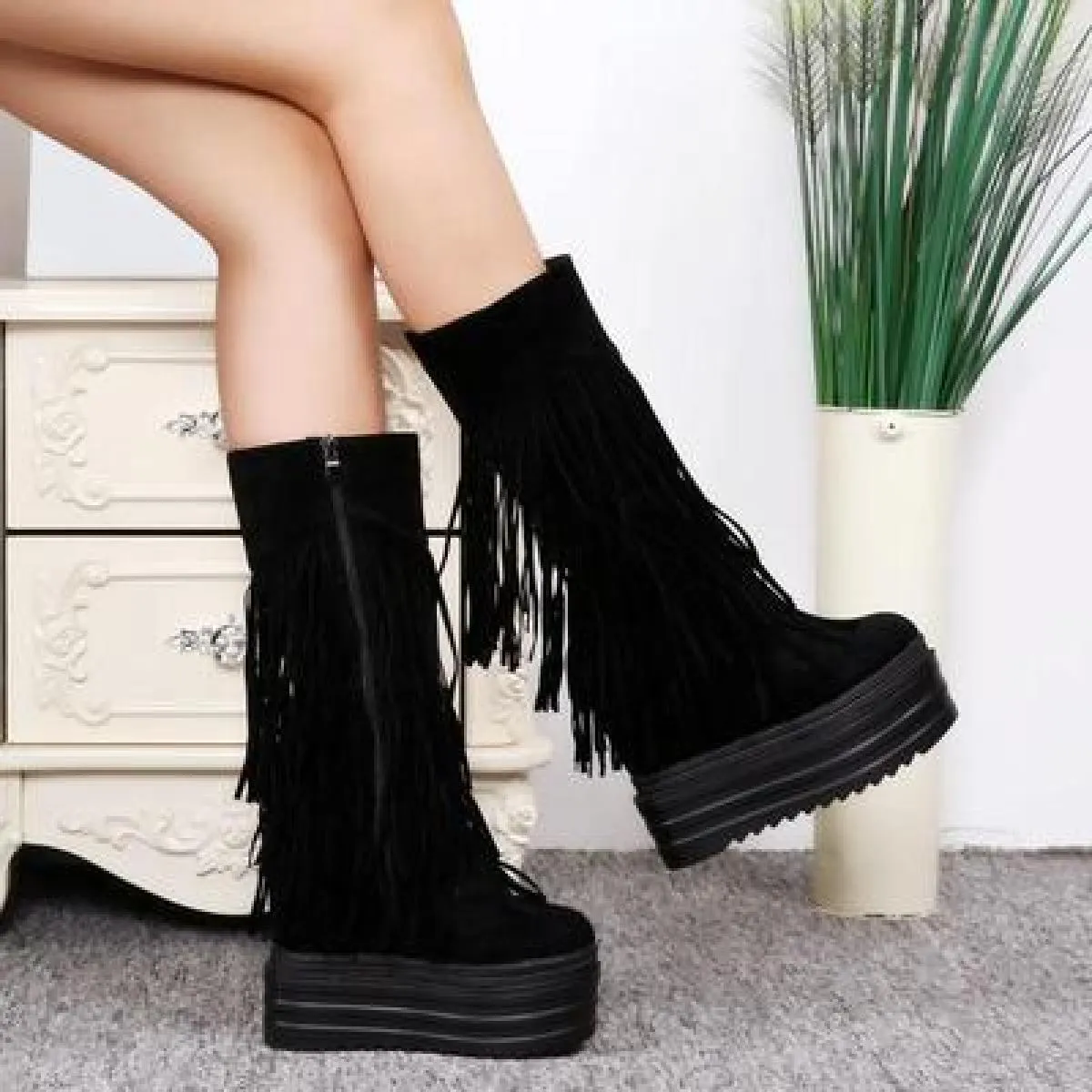 Nightclub Tubo da Stufa con Frange Stivali da Donna 2022 Inverno 13 Centimetri di Spessore Suola Aumento All'interno Del Tubo Ce