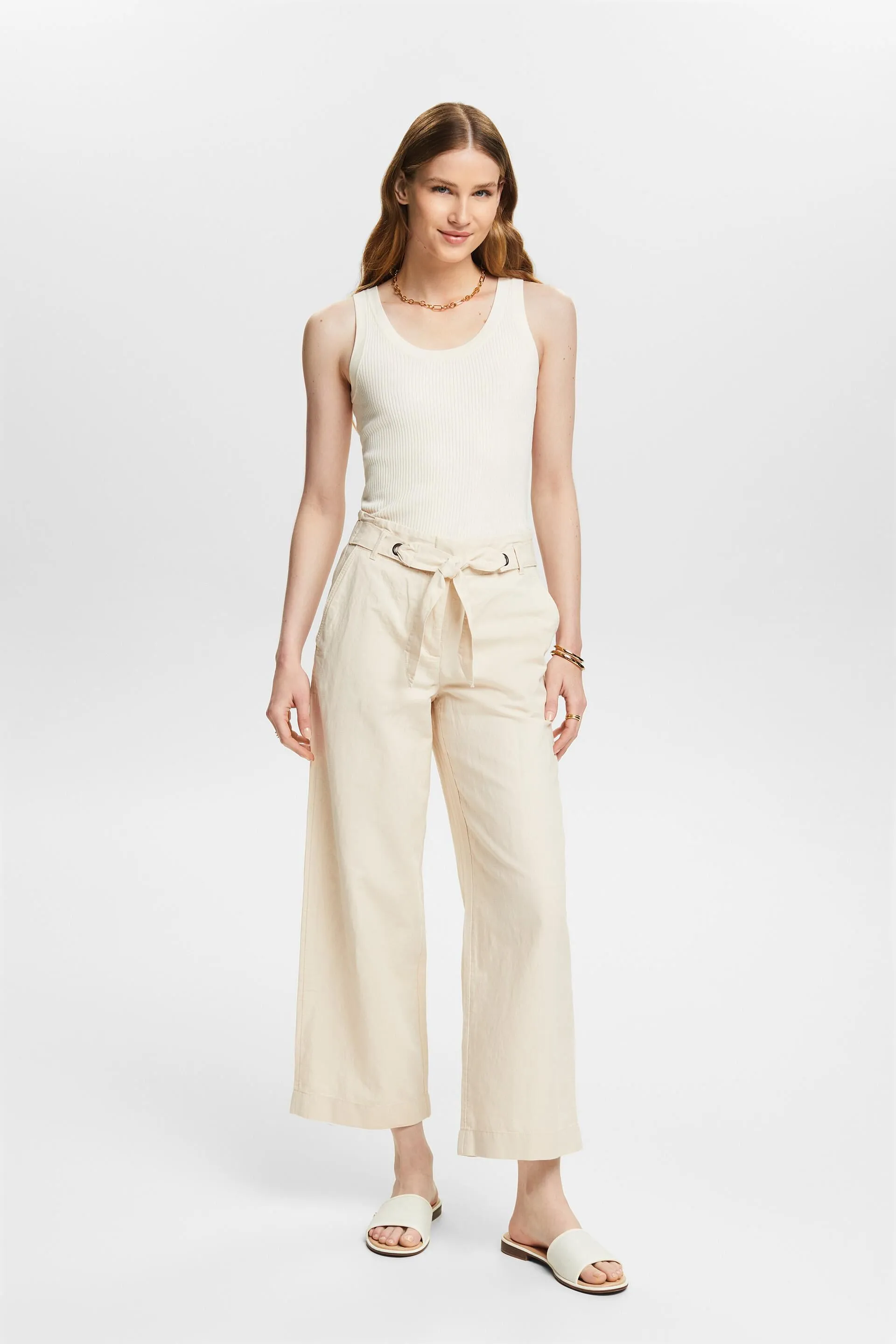 Pantaloni culotte cropped in lino e cotone