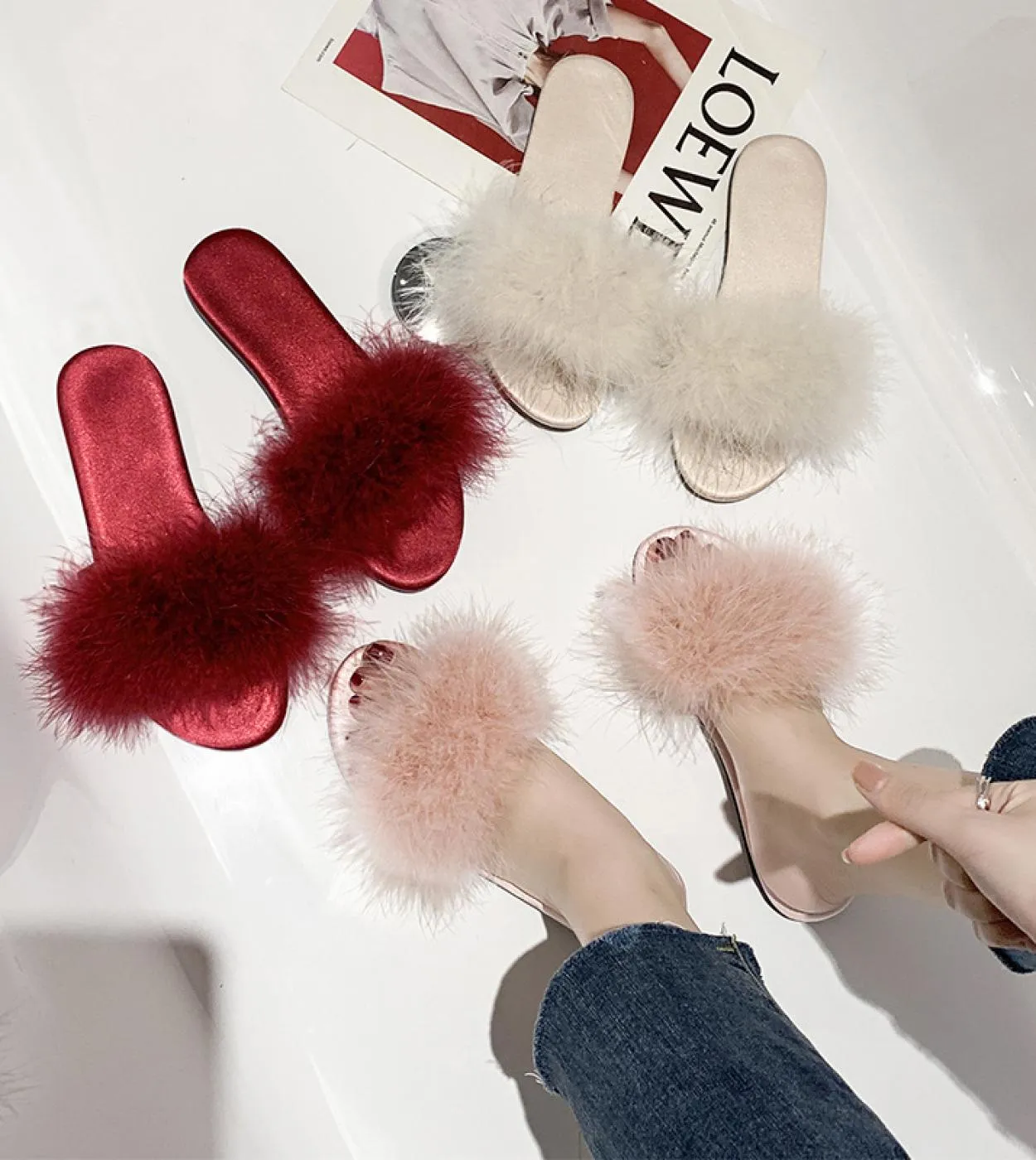 Pantofole da donna in pelliccia sintetica Scarpe estive per interni in seta solida Sandali da donna Antiscivolo Moda donna Scivo