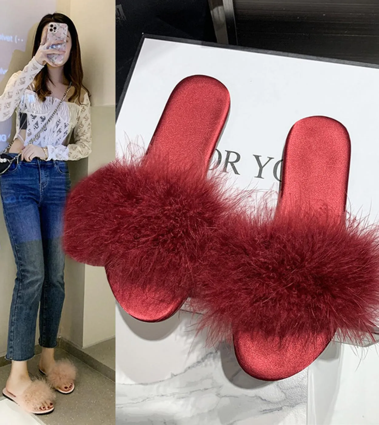 Pantofole da donna in pelliccia sintetica Scarpe estive per interni in seta solida Sandali da donna Antiscivolo Moda donna Scivo