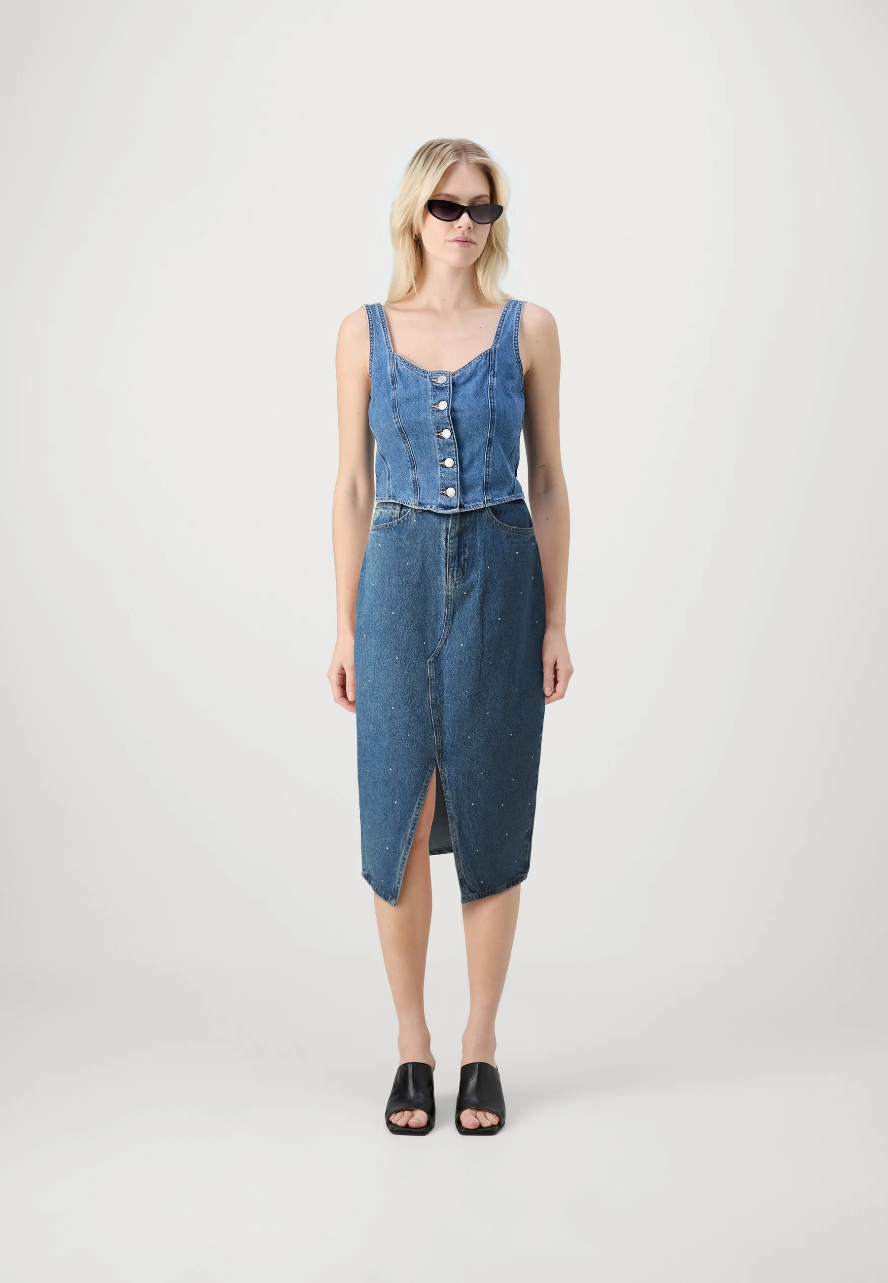 PCSKY RHINESTONE MIDI SKIRT - Gonna di jeans