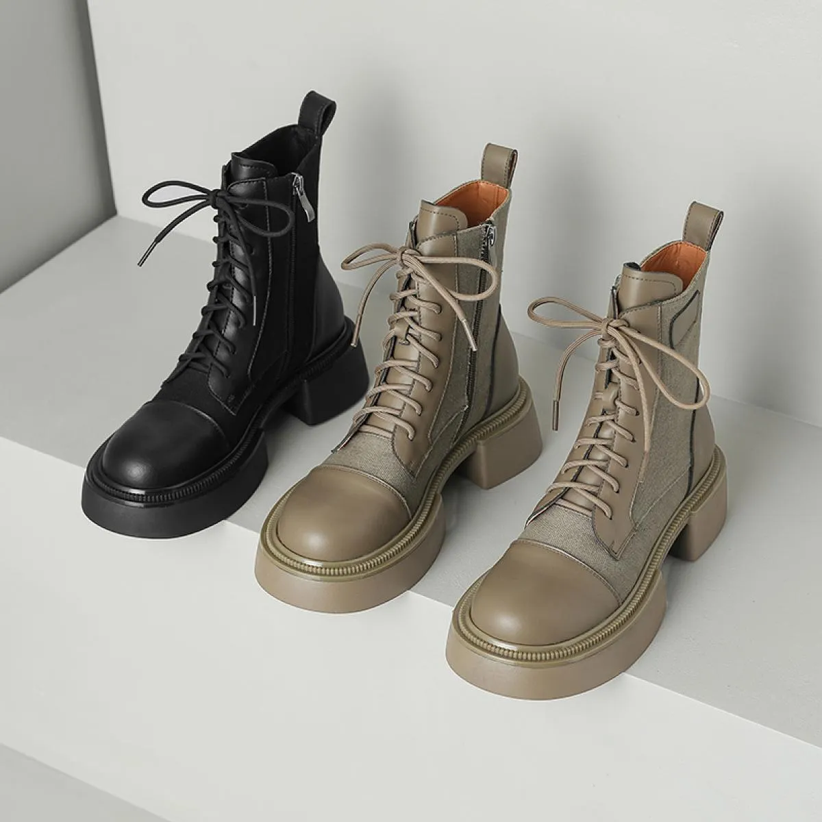 Piattaforma Stivali corti da donna Tacchi spessi Scarpe stringate in vera pelle Donna Autunno Inverno Scarpe da lavoro da donna
