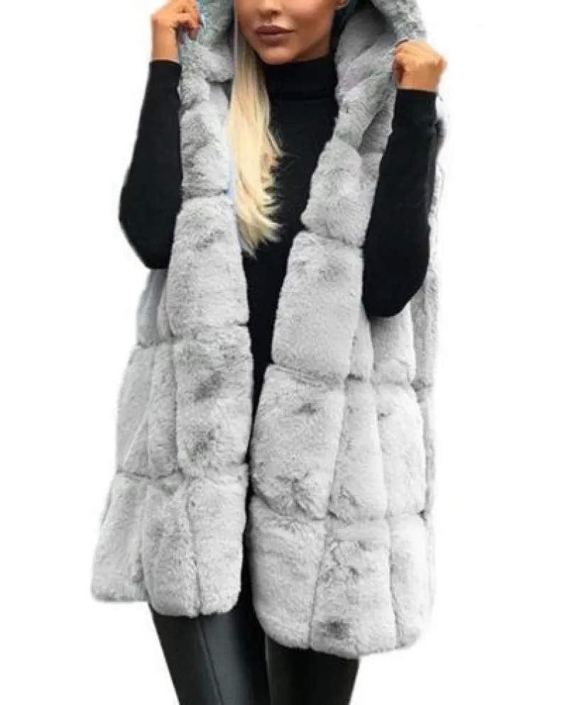 Plus Size Gilet Spessa Giacca In Pelliccia Sintetica Casual Tinta Unita Con Cappuccio