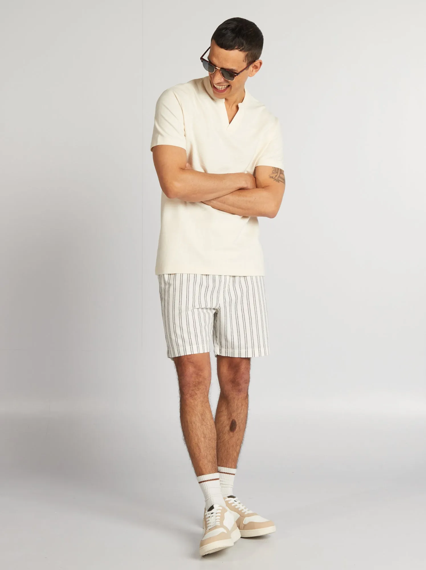 Shorts a righe in misto lino - BEIGE