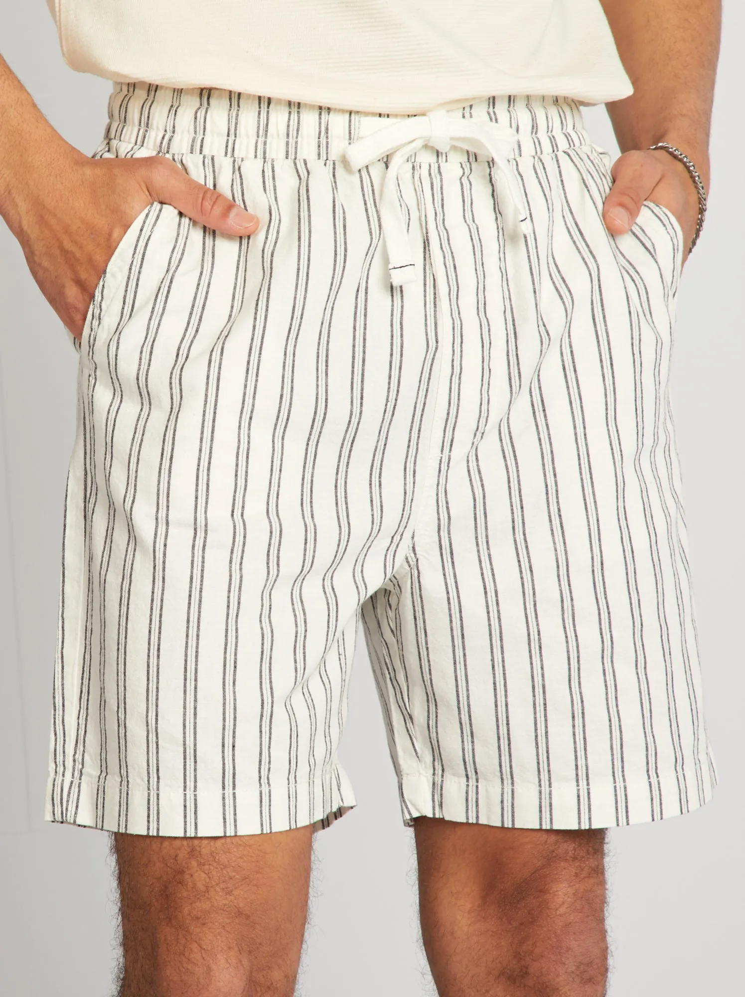 Shorts a righe in misto lino - BEIGE