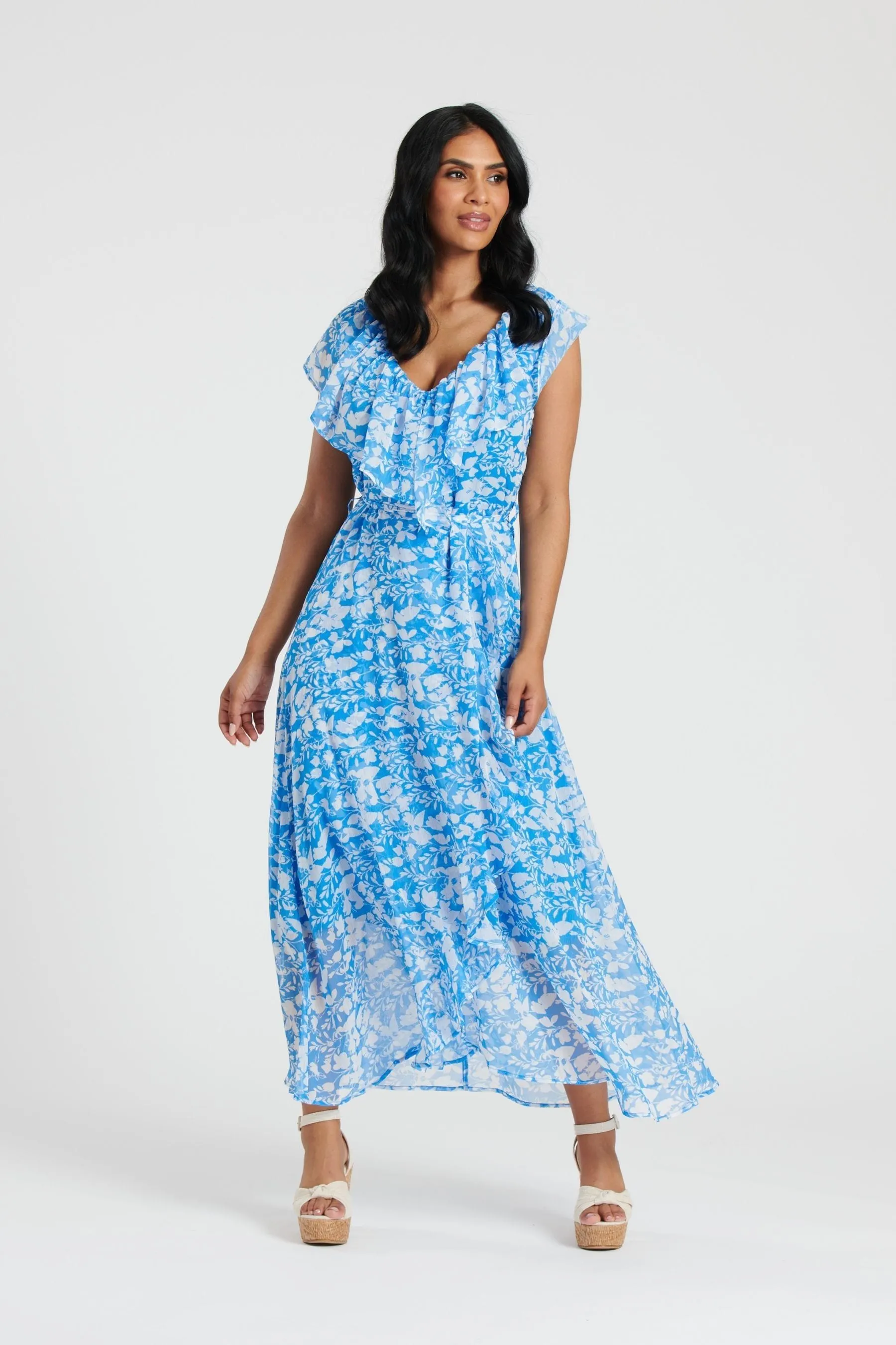 South Beach - Abito midi a portafoglio in chiffon Stampa con scollo a volant